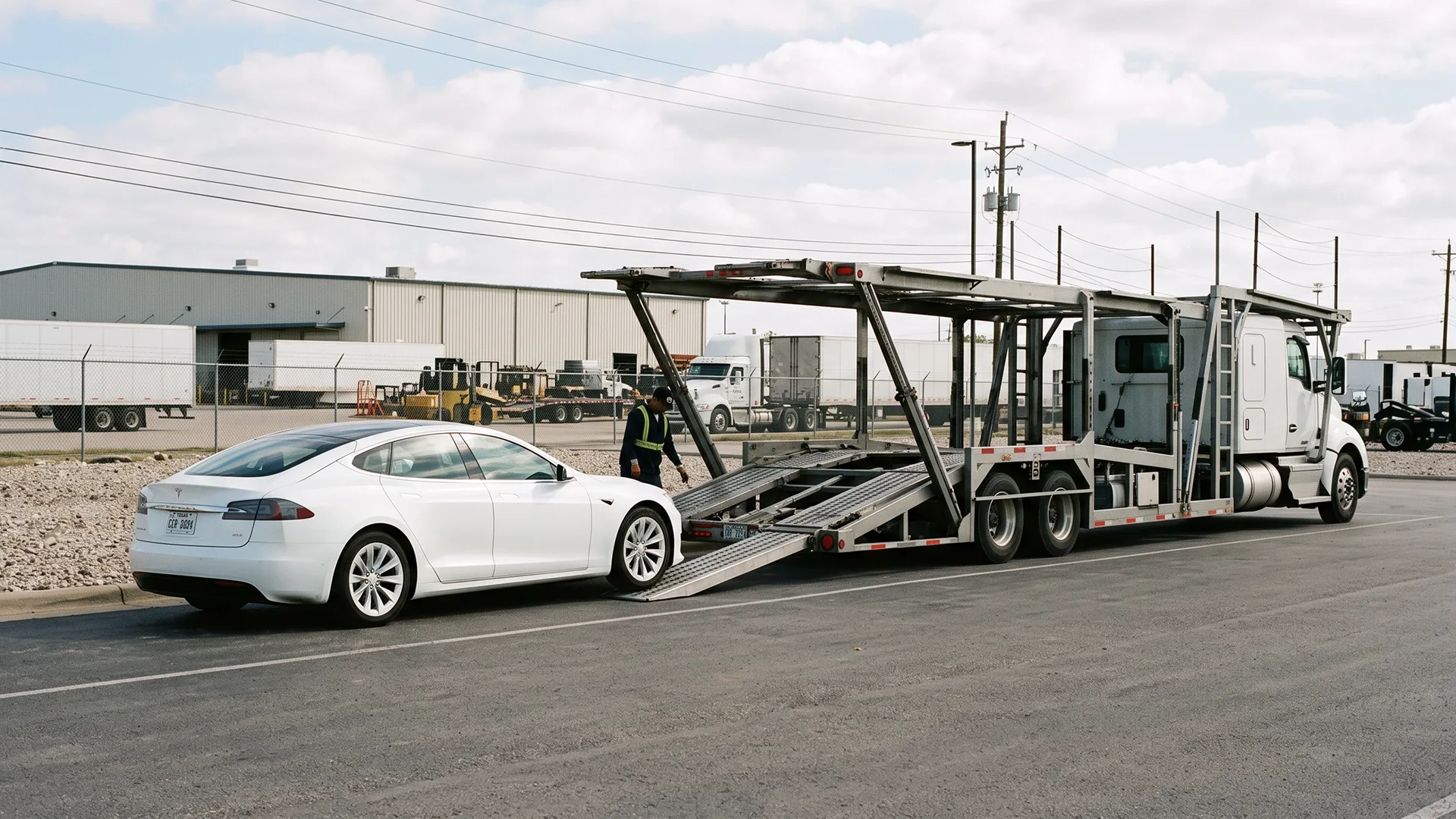 photo of electric vehicle being loaded onto an open car carrier