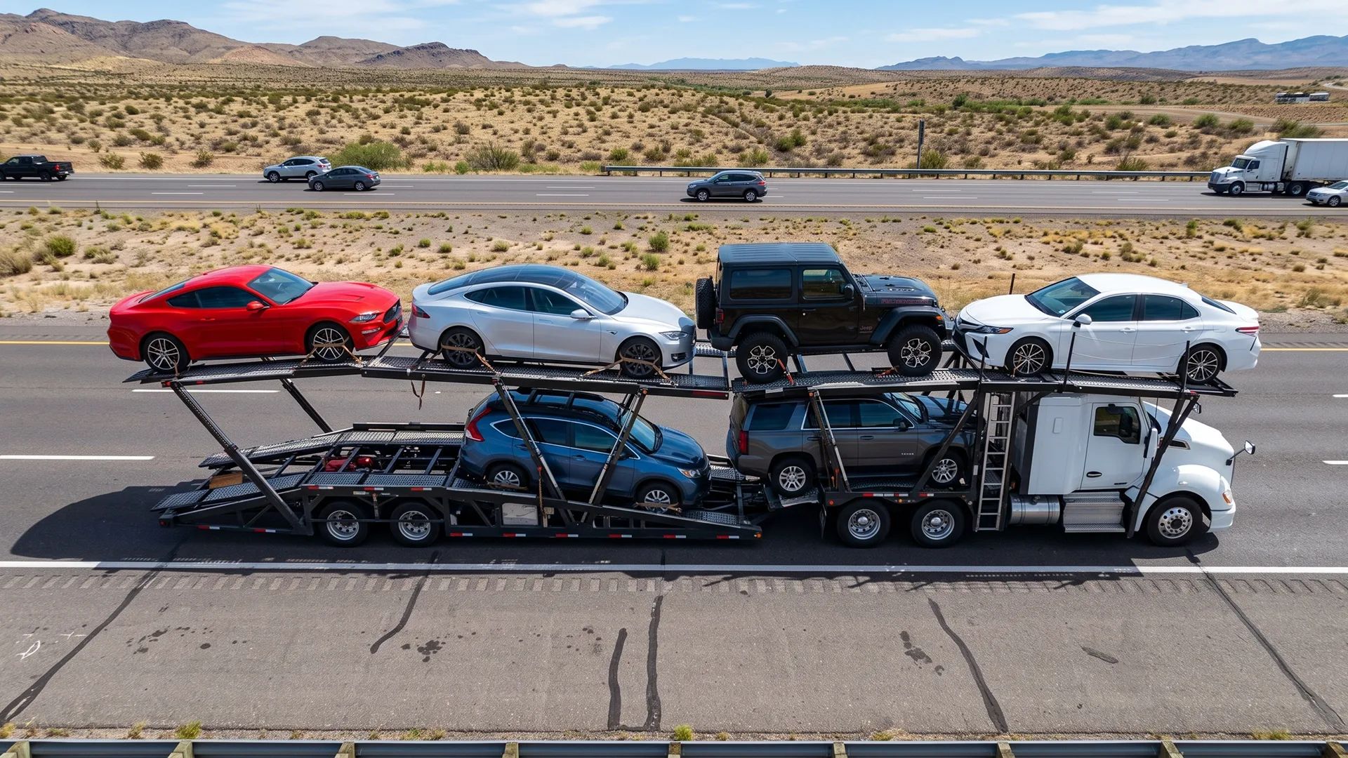Open car carrier transporting multiple vehicles