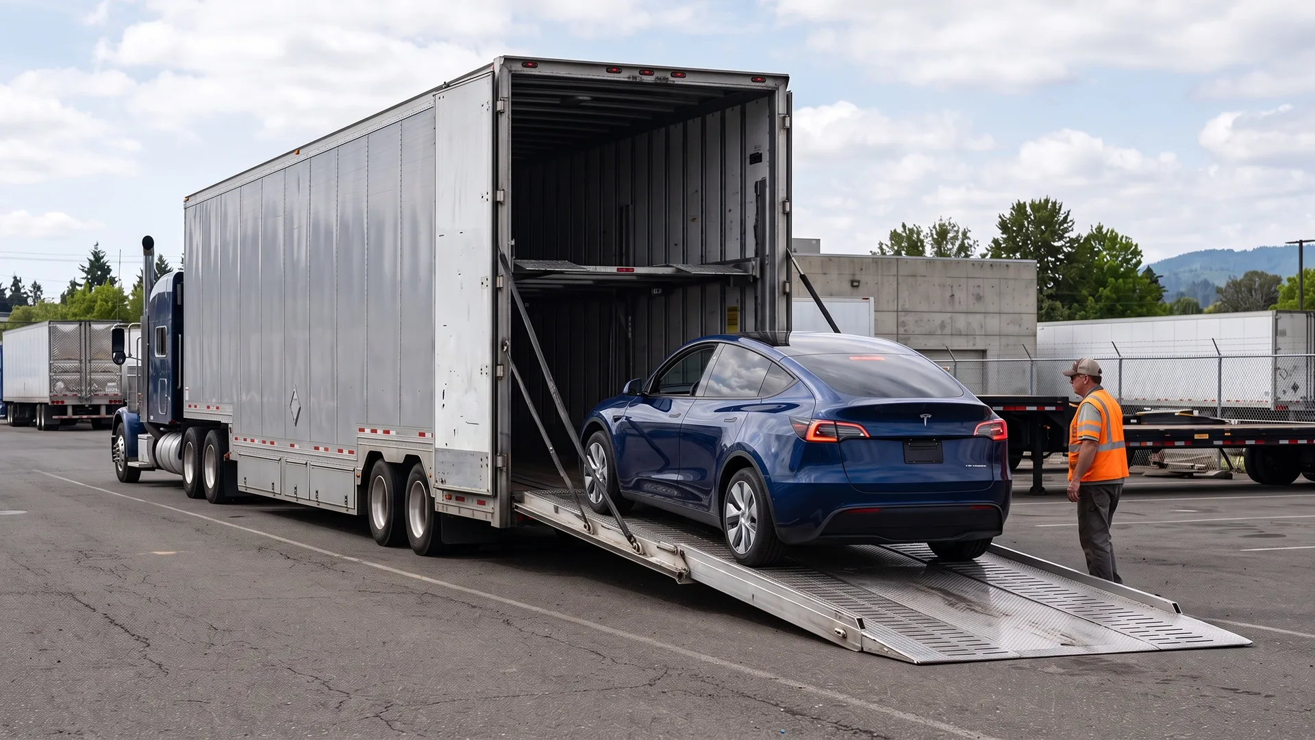 photo of Tesla electric vehicle being loaded into an enclosed car carrier