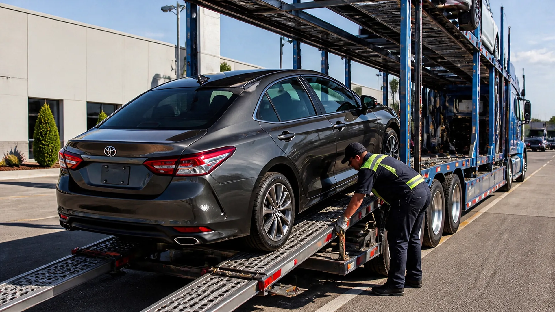 Used car being loaded onto an auto transport carrier after sale