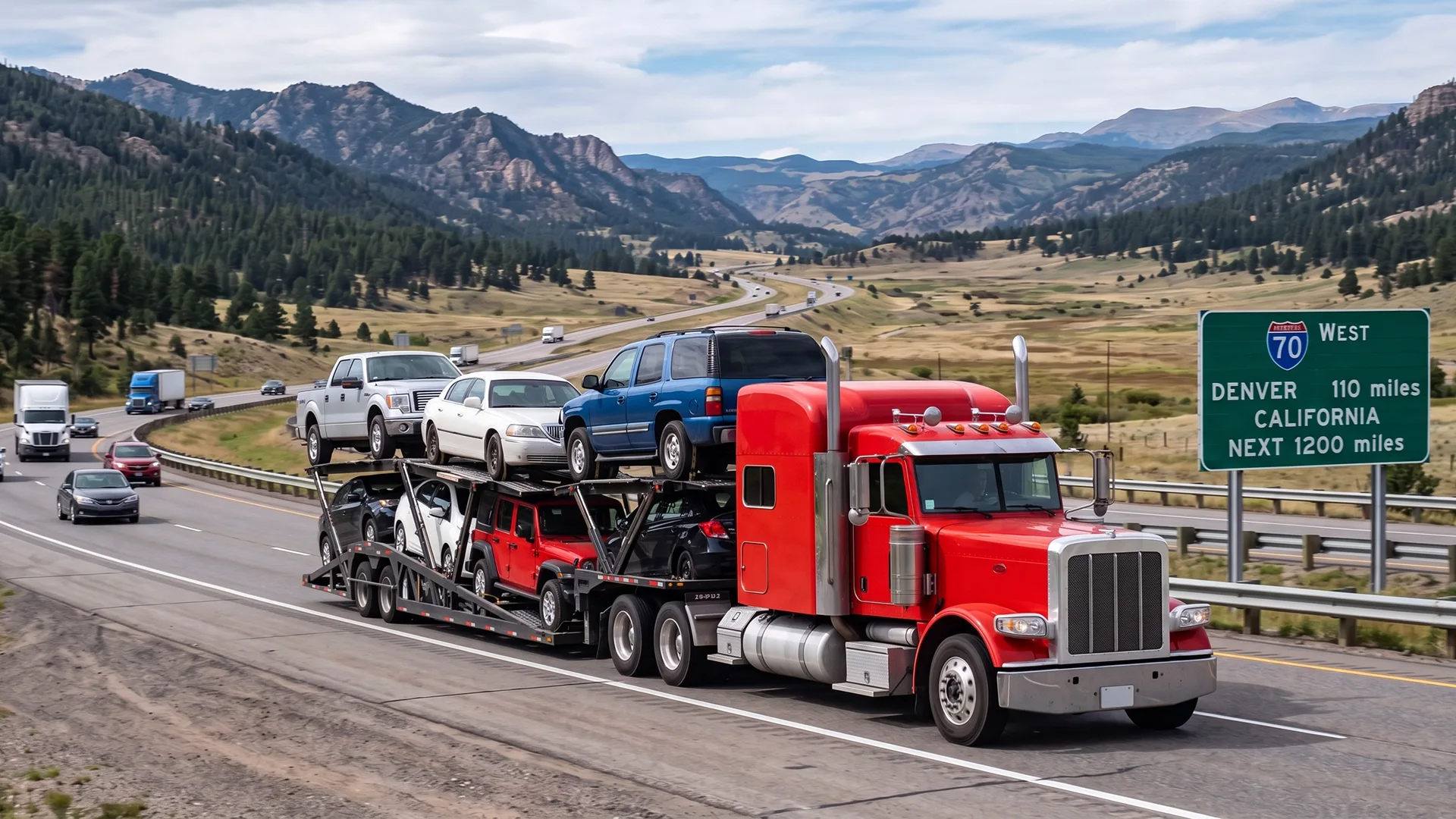photo of open car carrier transporting vehicles on a cross-country highway route