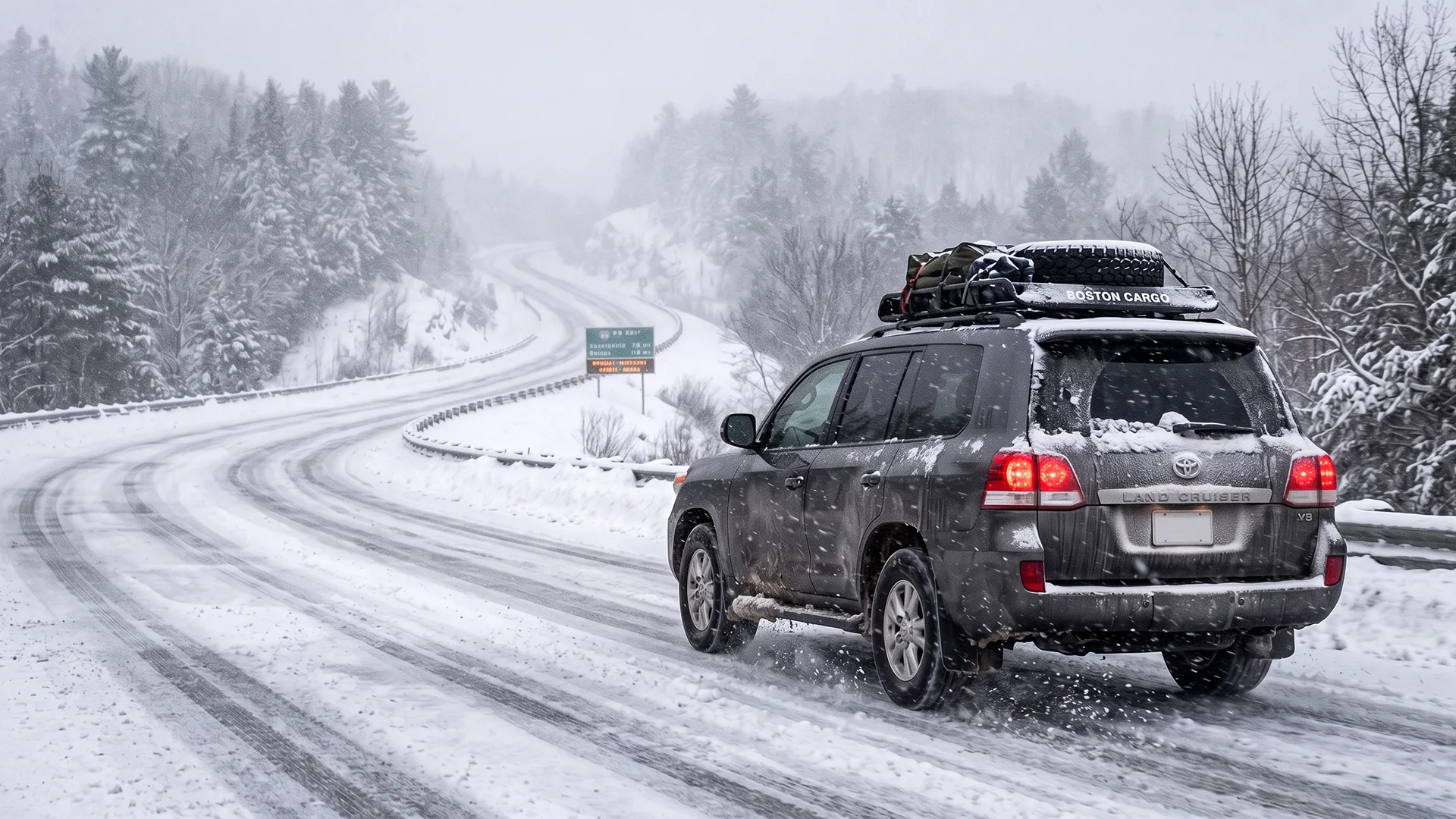 photo of SUV driving on a snowy winter highway during long-distance travel