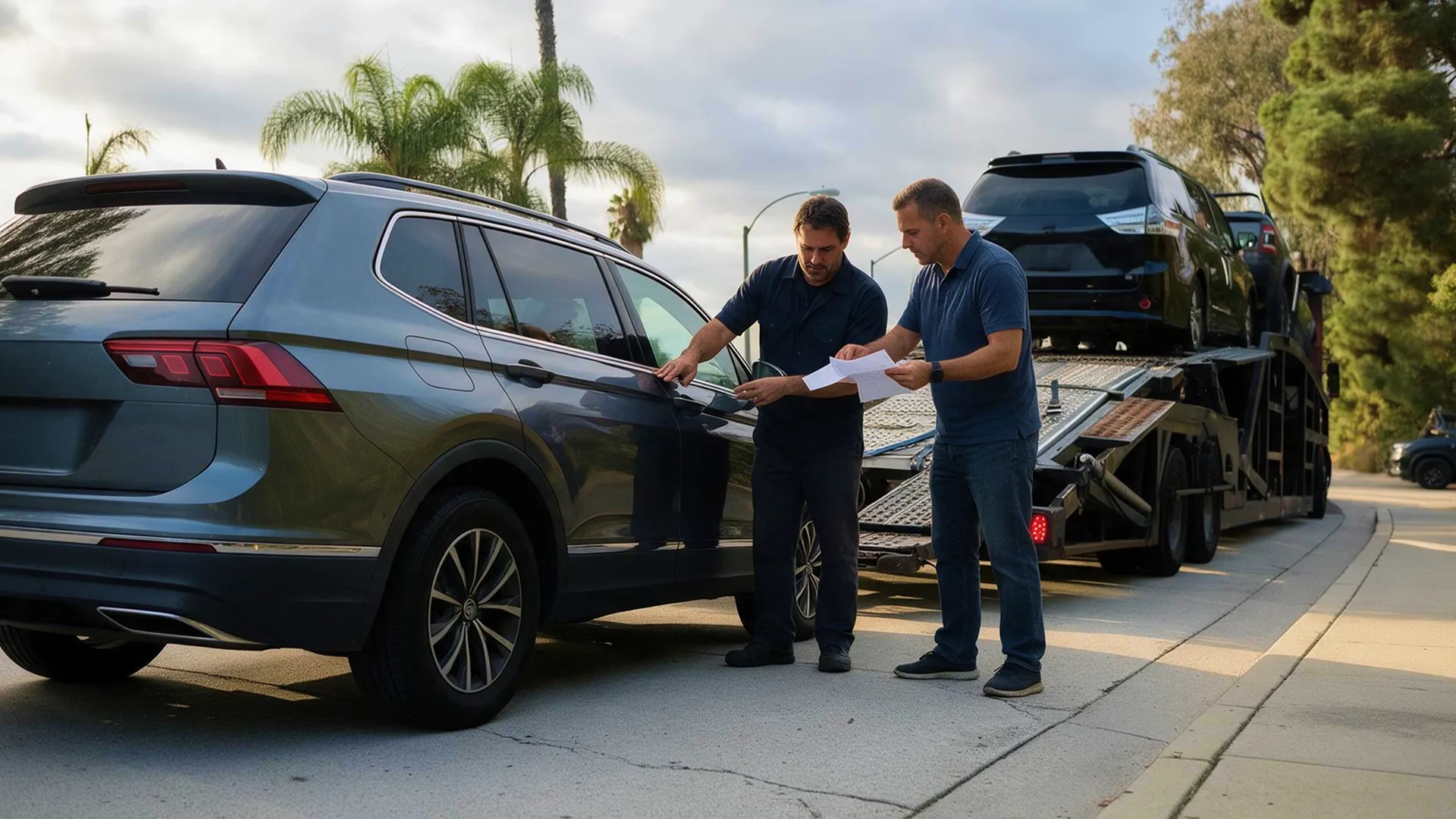 photo of a driver inspecting a vehicle before loading it onto a car carrier