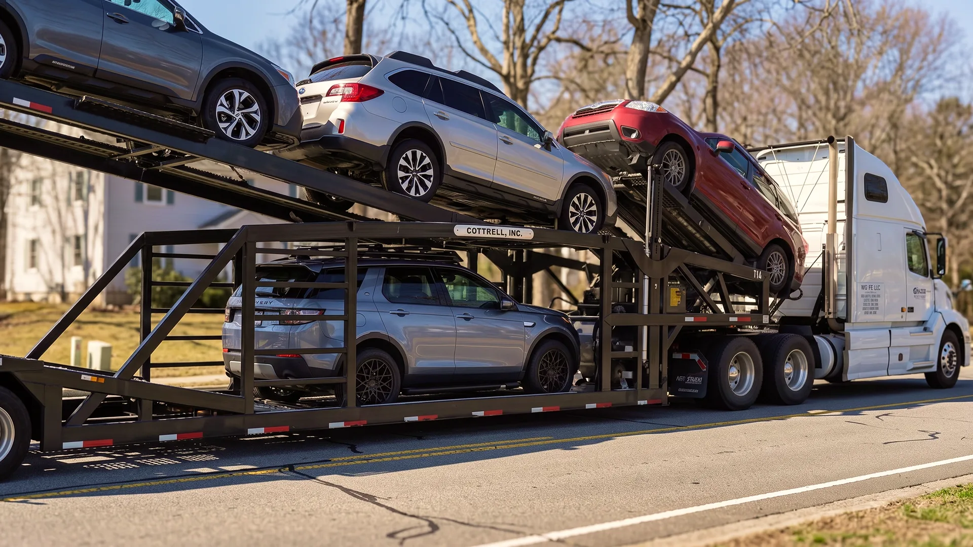 Multiple vehicles transported on an open car carrier photo