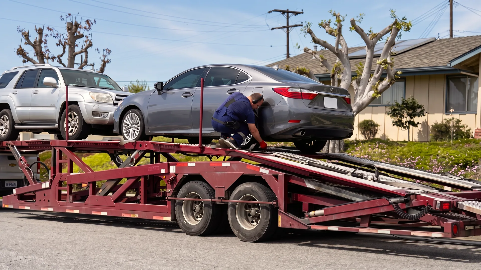 Multiple cars being loaded onto a vehicle transport carrier photo