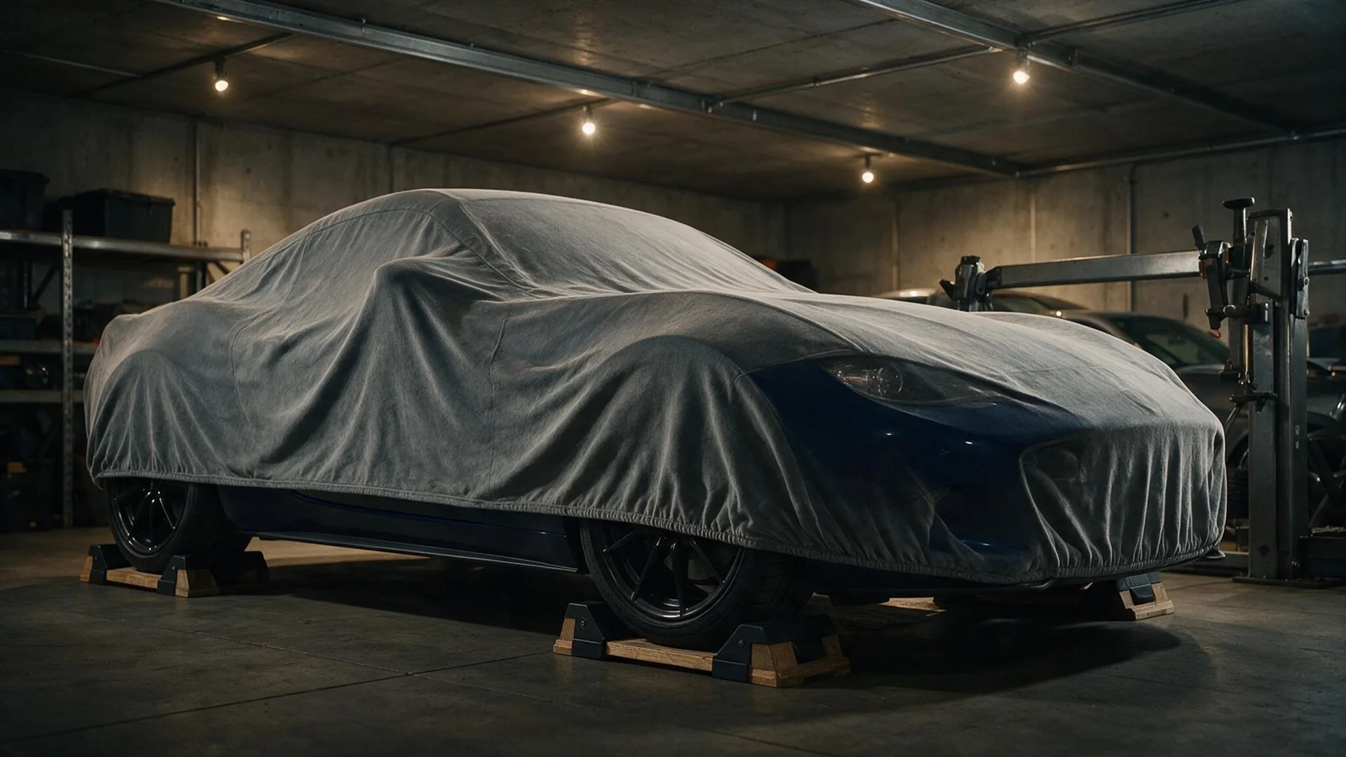 car covered for long-term storage in a garage