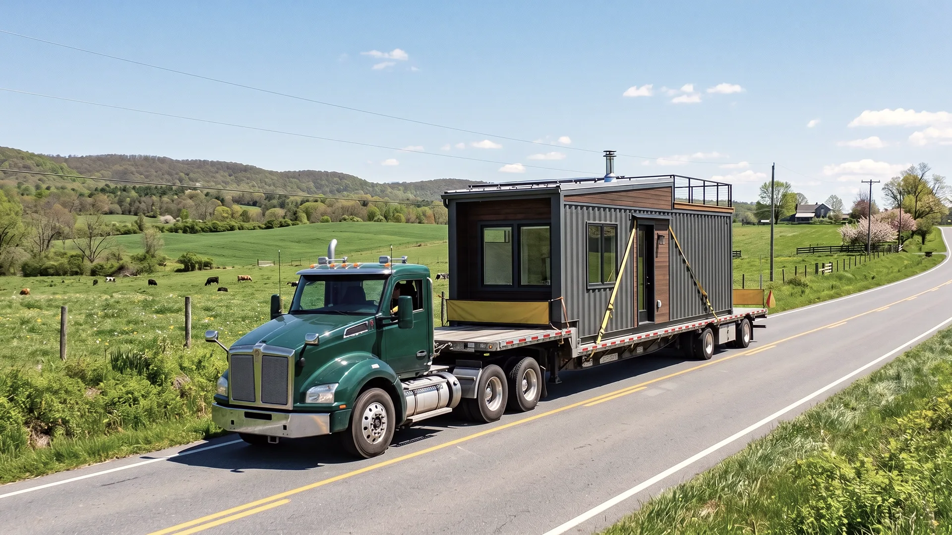 Shipping container home transported on a flatbed trailer