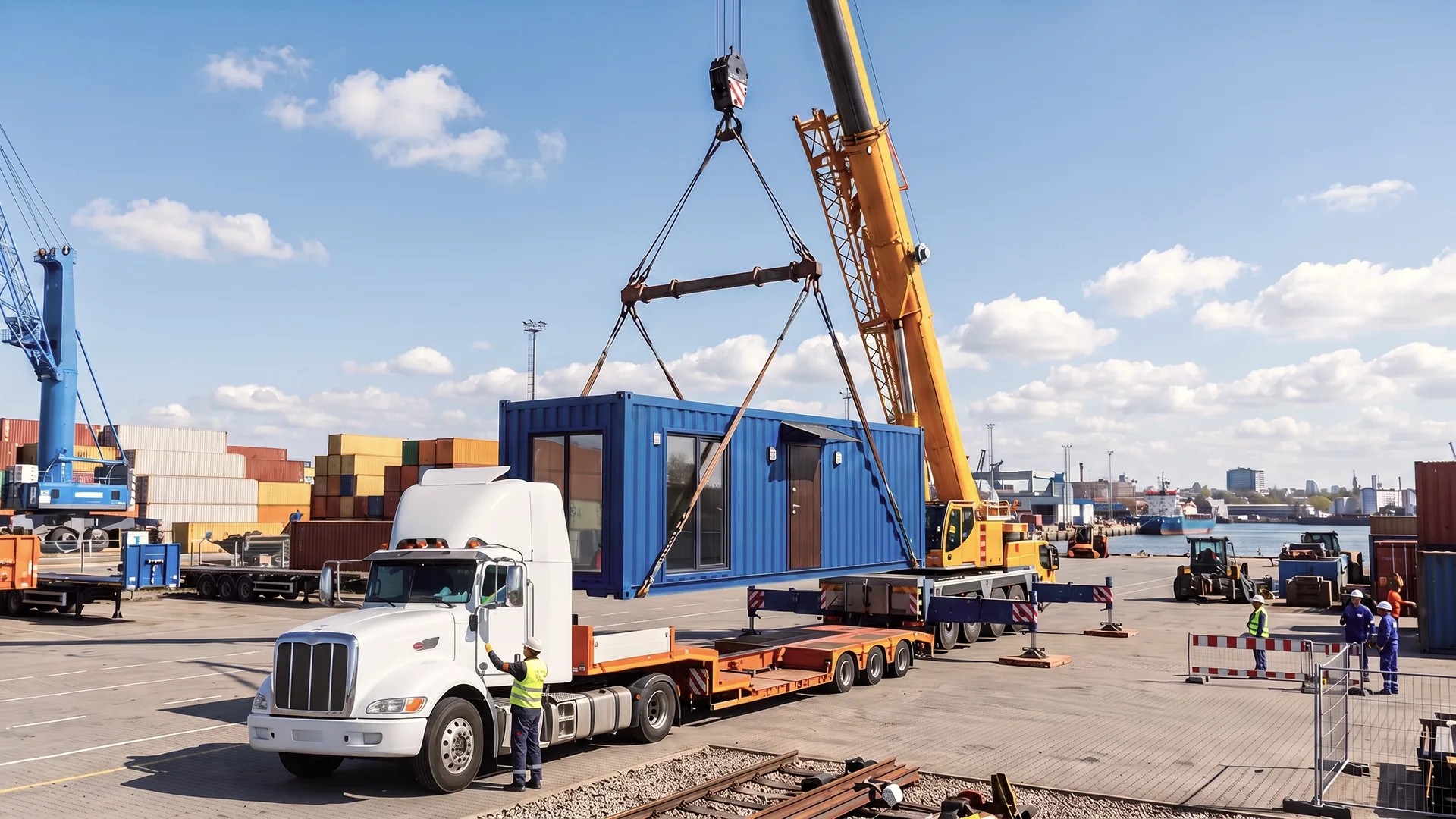 Shipping container home being lifted by crane onto a transport trailer