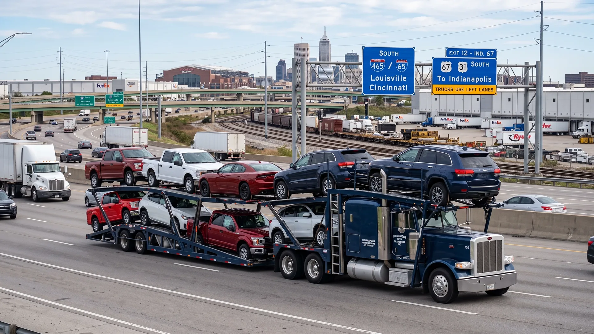 photo of open car carrier transporting vehicles on an interstate highway in Indianapolis