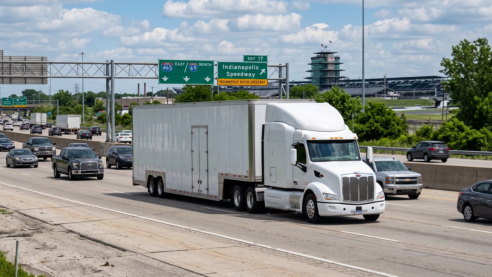 photo of enclosed auto transport truck driving near Indianapolis Motor Speedway