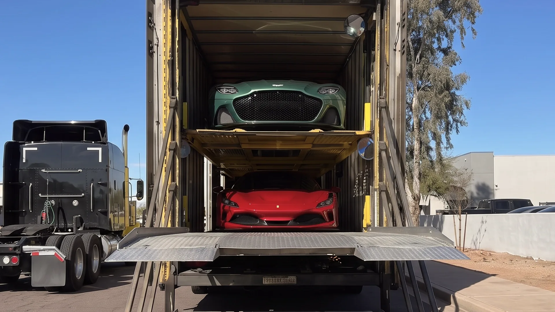 Enclosed auto transport carrier with hydraulic liftgate and luxury vehicles