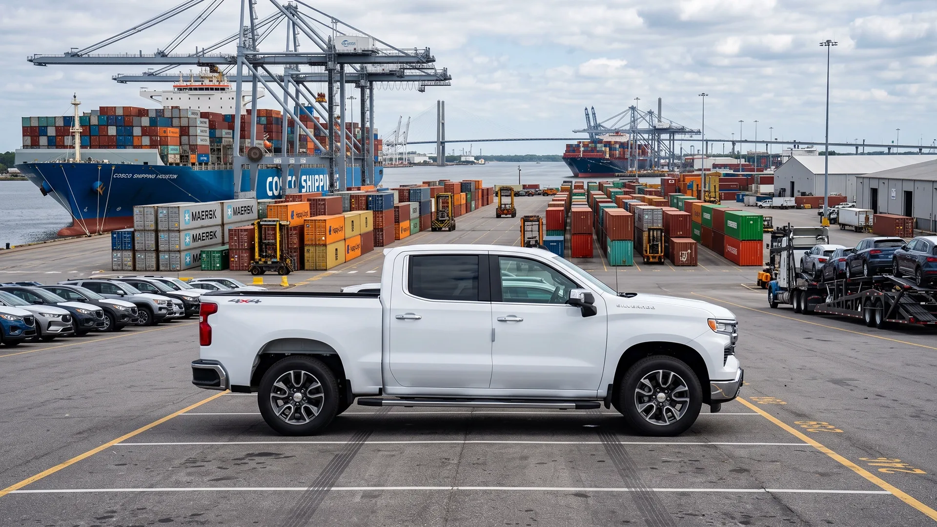photo of a pickup truck at a shipping port