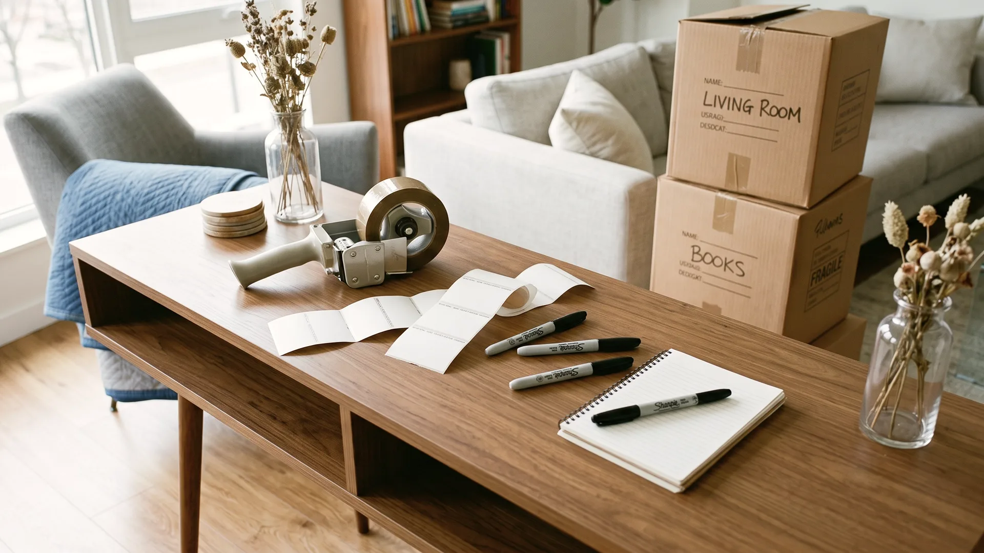 photo of moving boxes packing tape labels and markers
