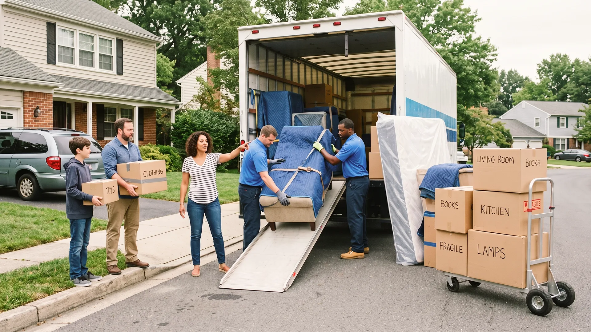 photo of movers loading boxes and furniture into a moving truck