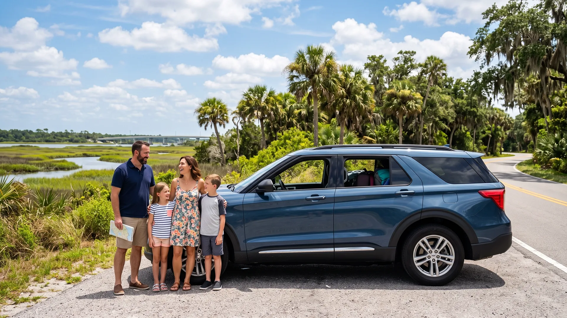 Family standing beside their SUV during a move to Florida
