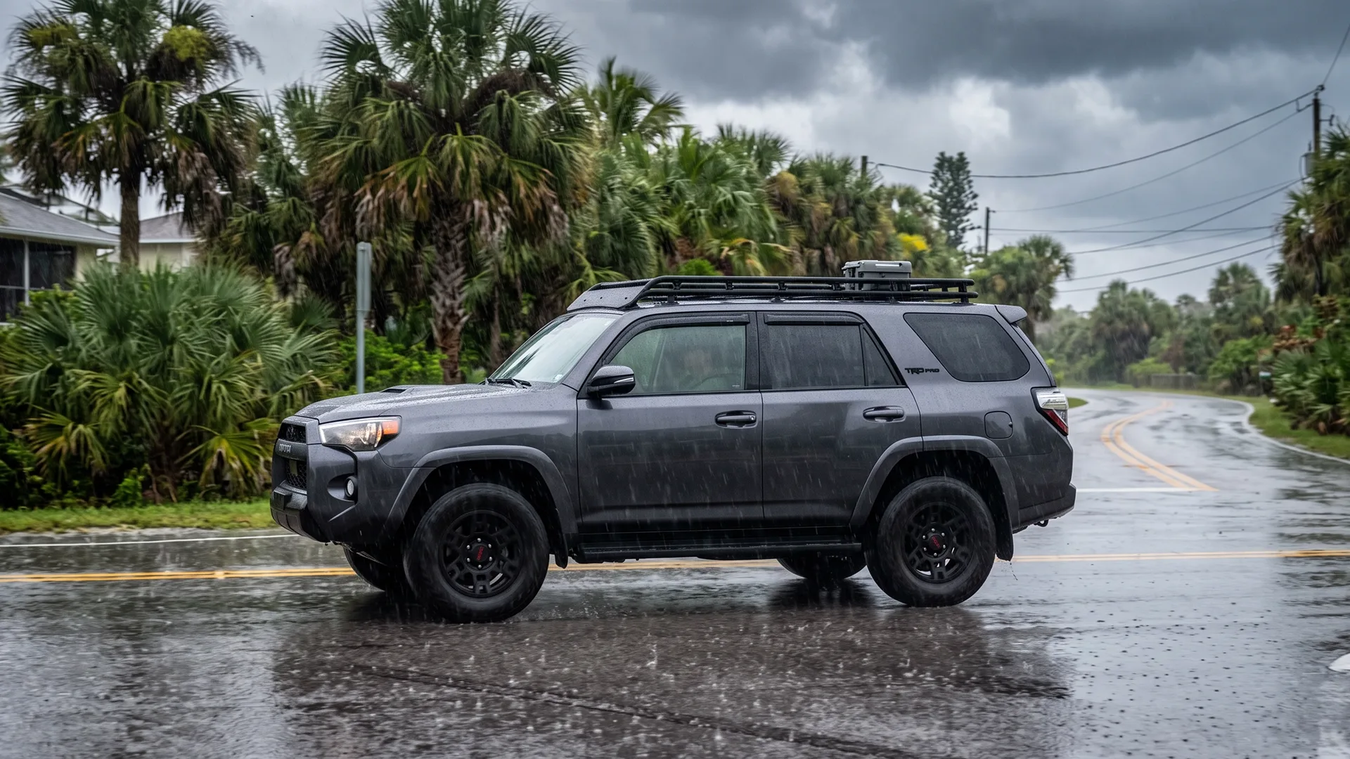 SUV on a Florida road during heavy rain