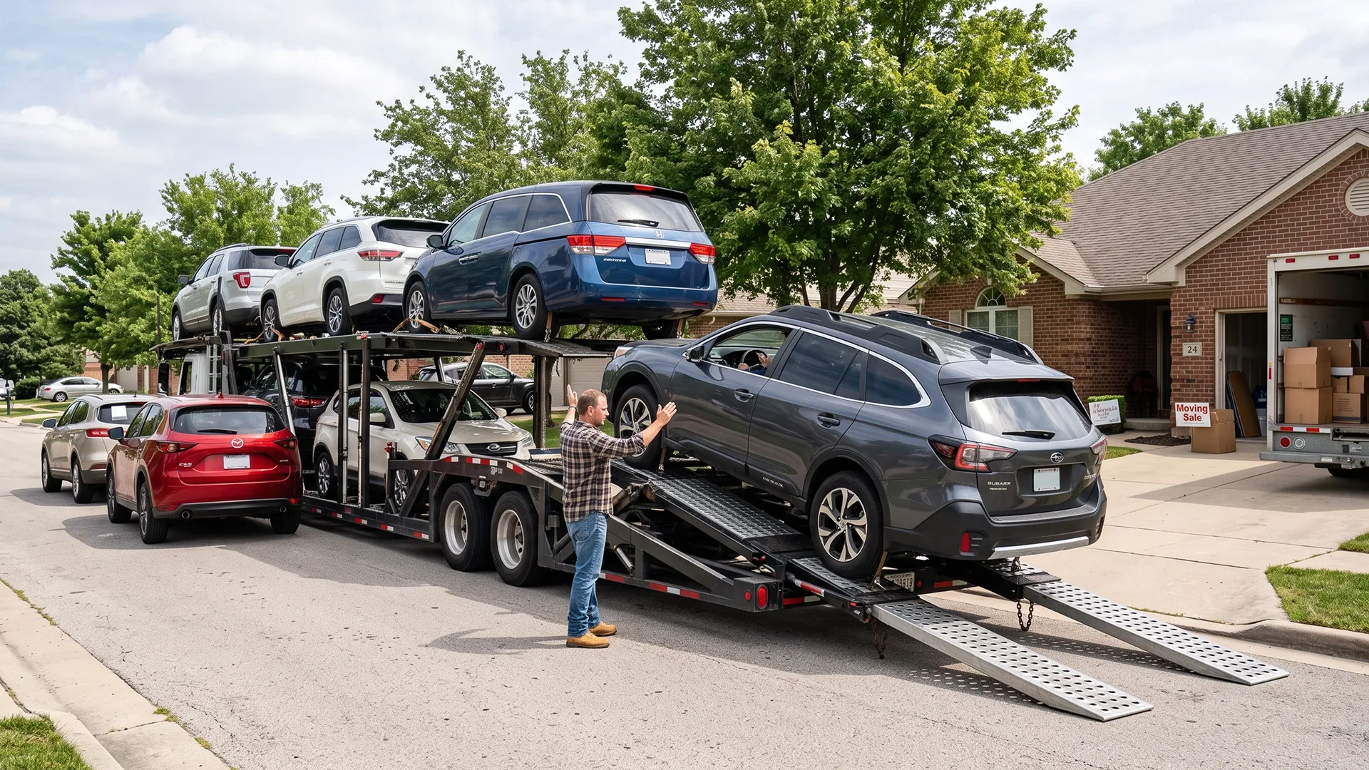 Multiple family vehicles being loaded onto an open car carrier outside a residential home