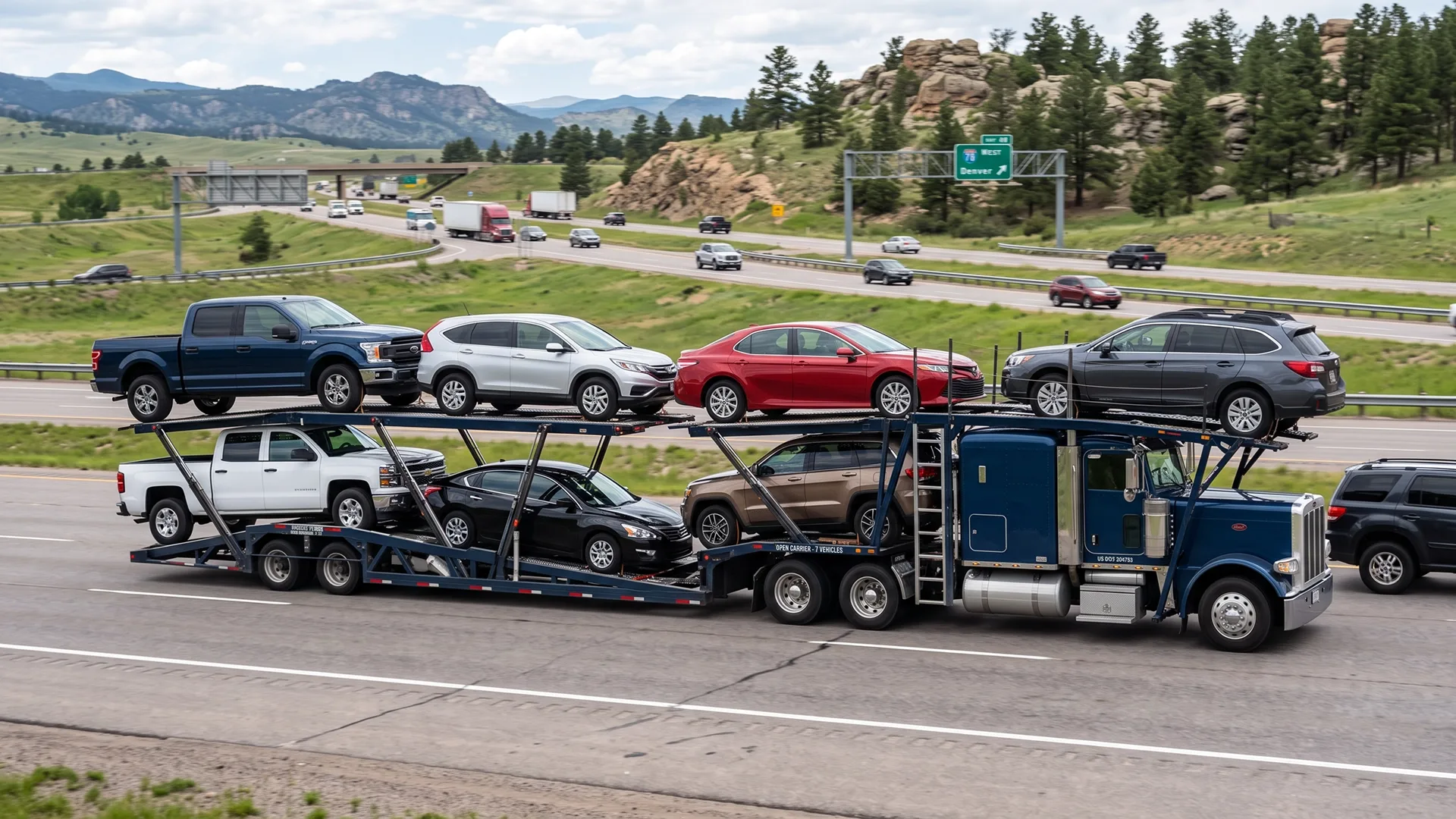 Open car carrier transporting multiple vehicles on a highway during a long-distance move