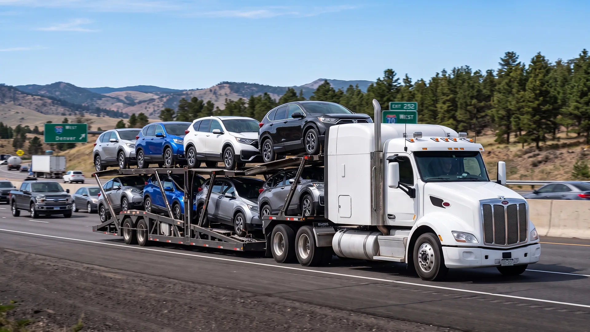 Open car carrier transporting vehicles on a cross-country route