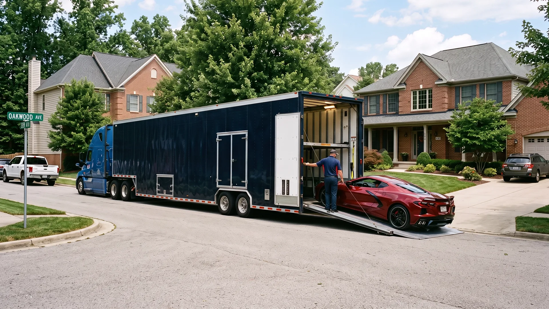 Enclosed car carrier delivering a vehicle to a residential home