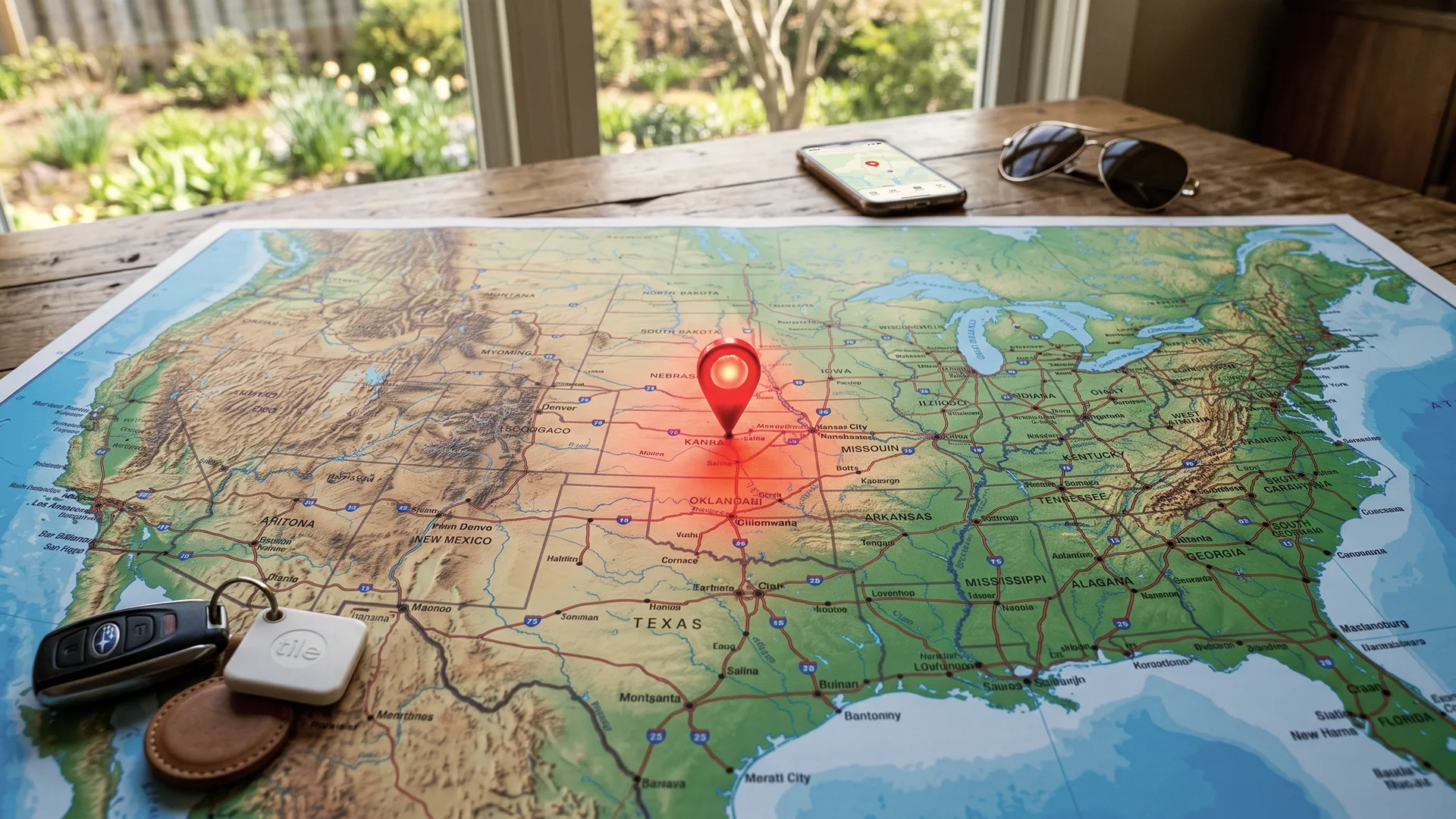 A pin on a US map representing the location of the car in transit during delivery.