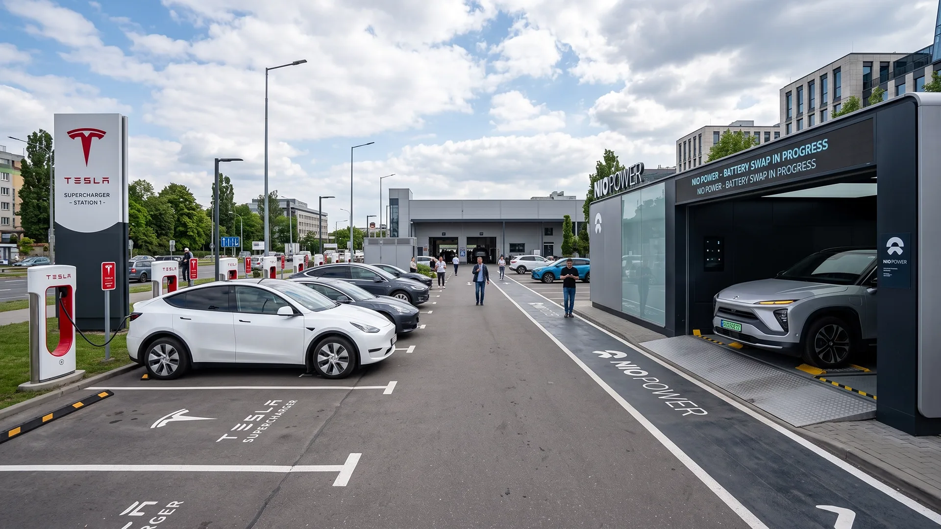 Tesla charging at a Supercharger station next to a Nio battery swap station
