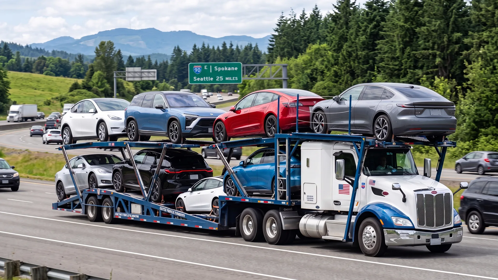 Car carrier transporting Tesla and Nio electric vehicles on the highway