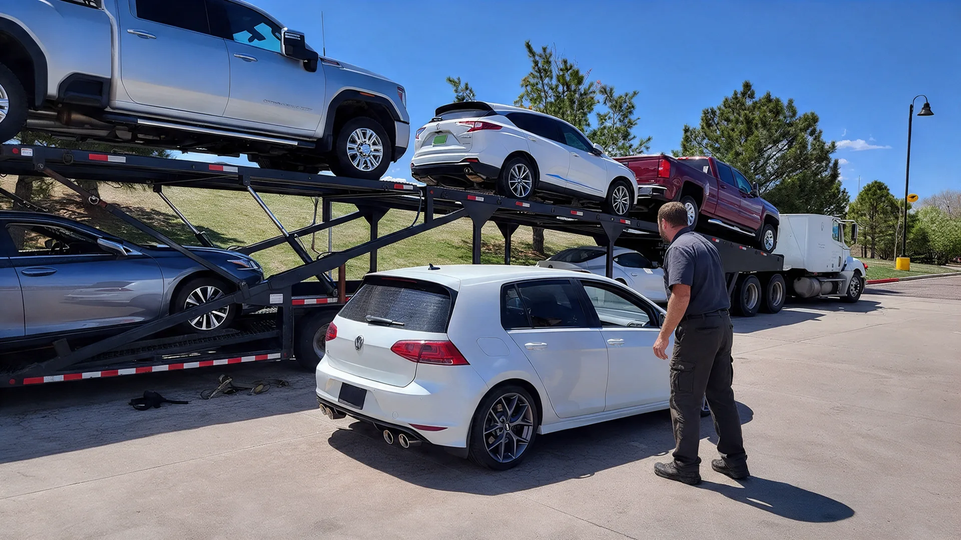 Vehicle being loaded onto an open carrier for Orlando car transport