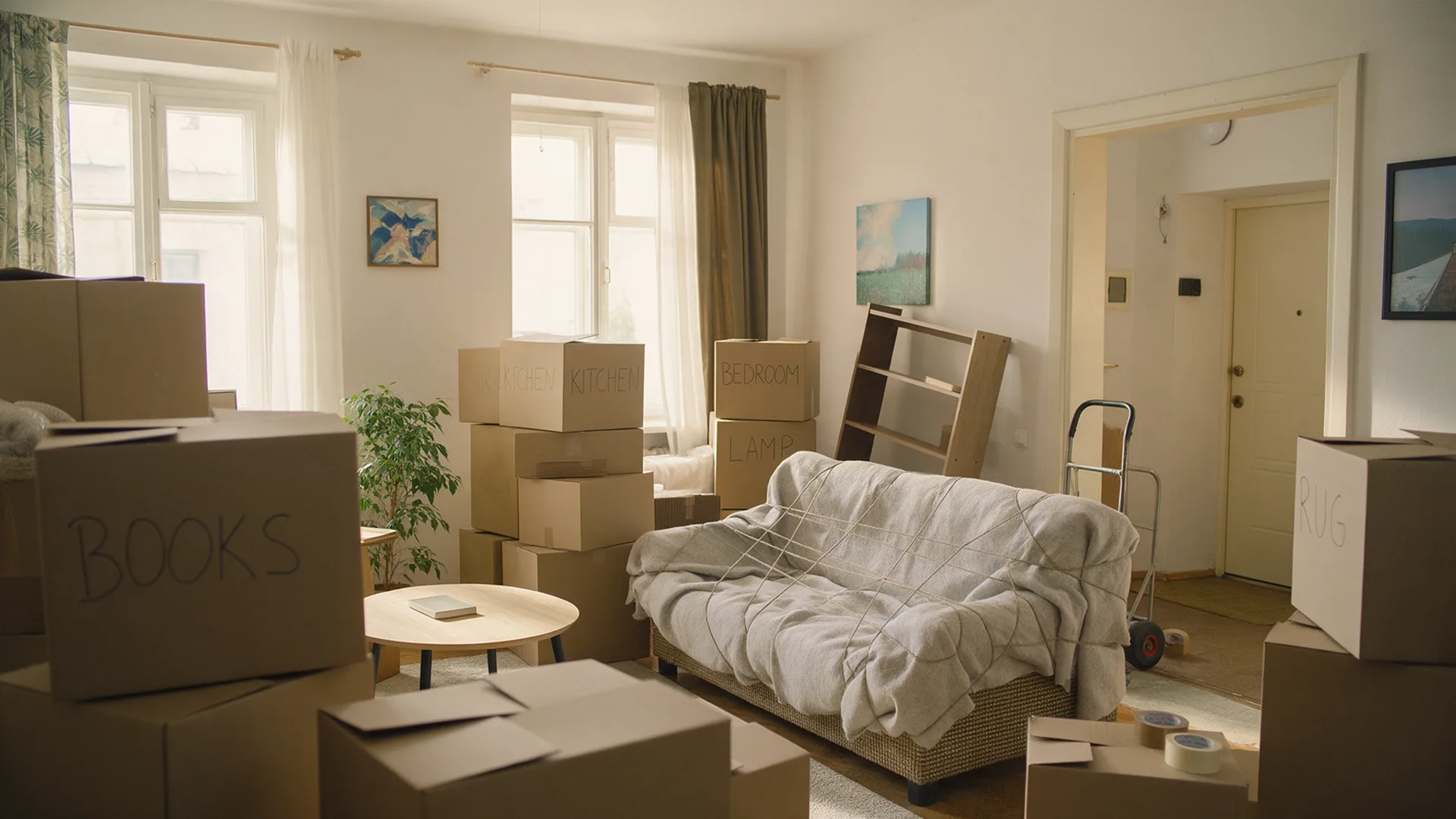Room filled with labeled moving boxes during packing