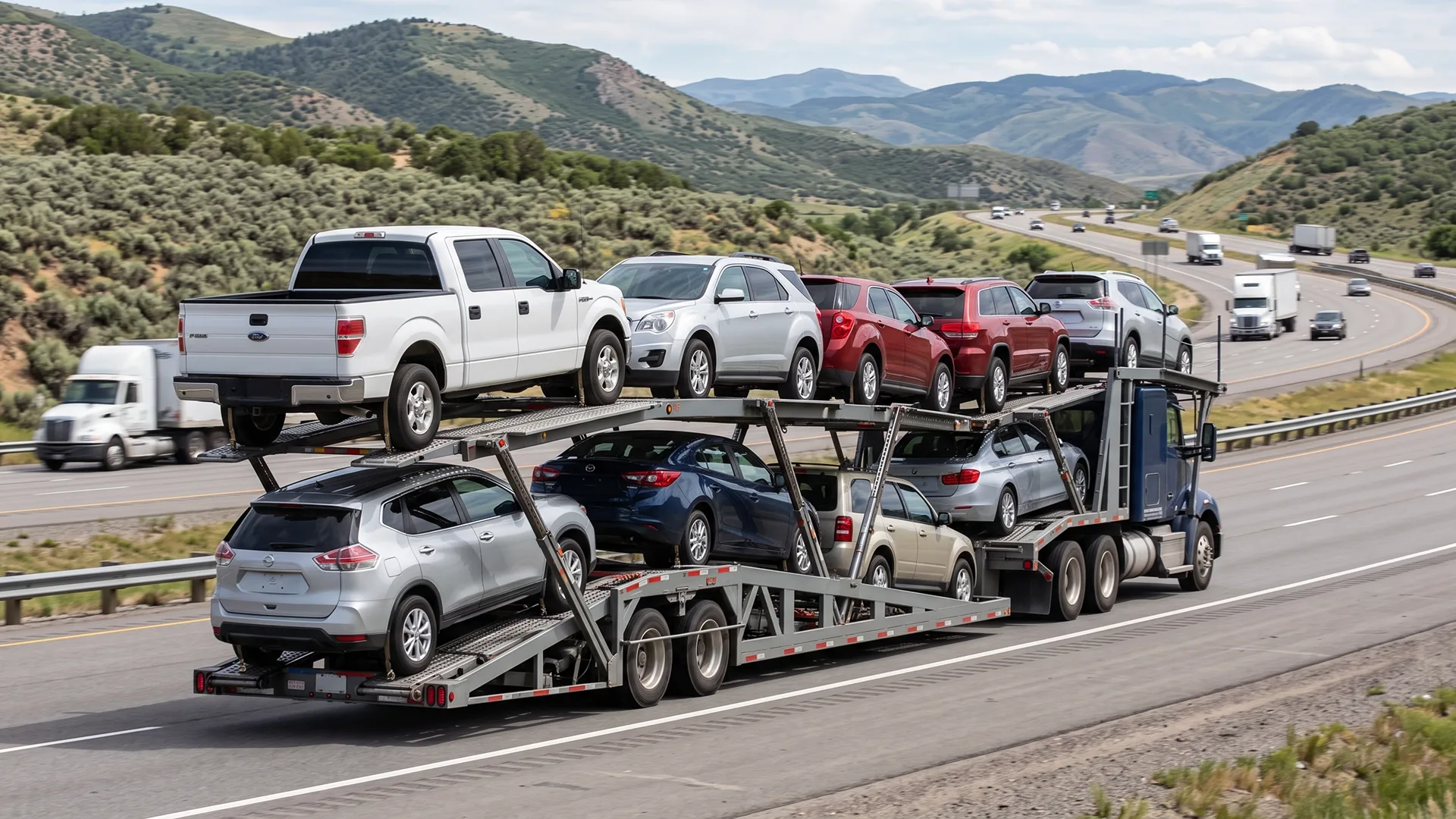 photo of open car carrier transporting multiple vehicles on an interstate highway