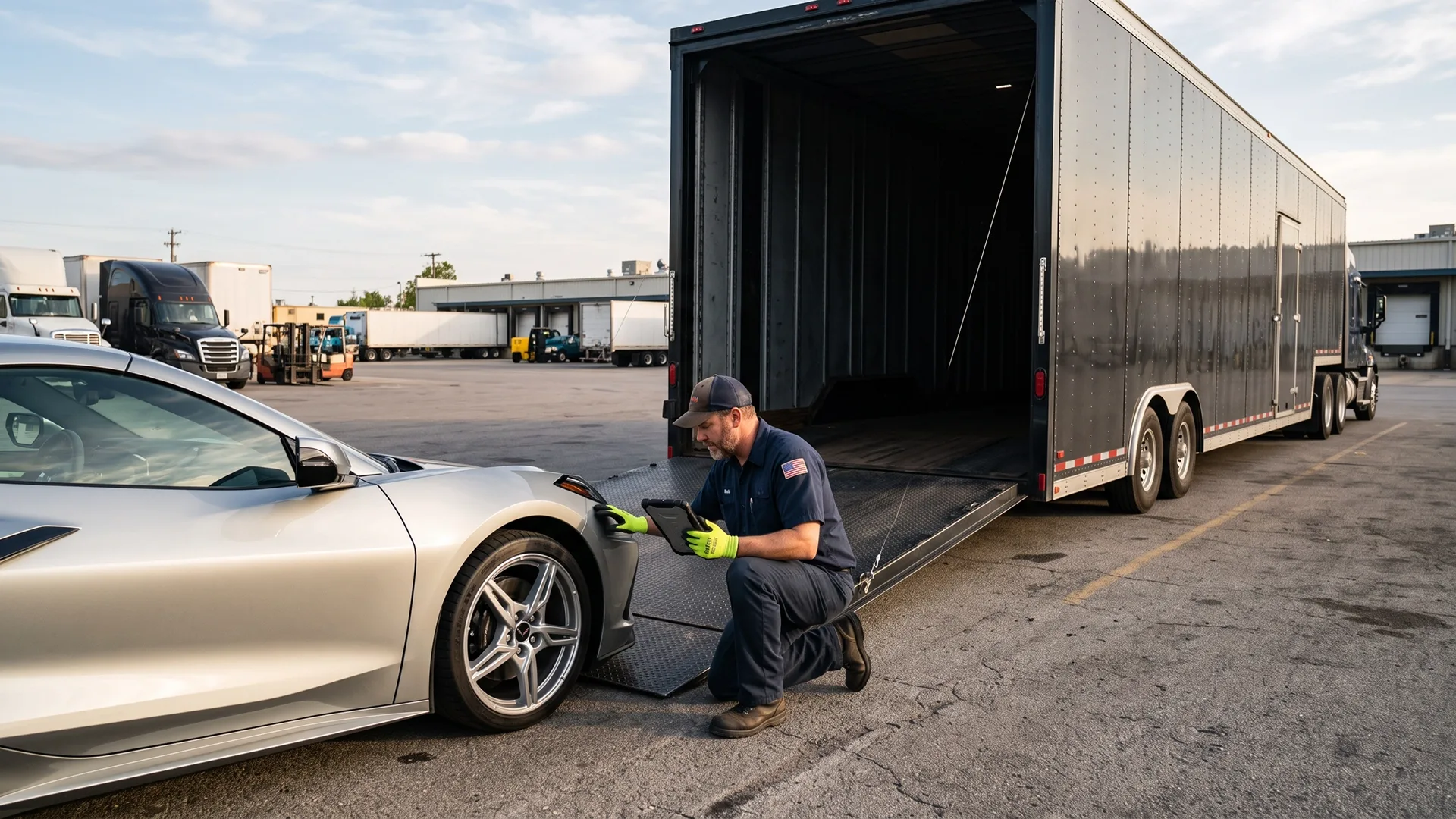 photo of auto transport driver inspecting a vehicle before loading it into an enclosed car carrier