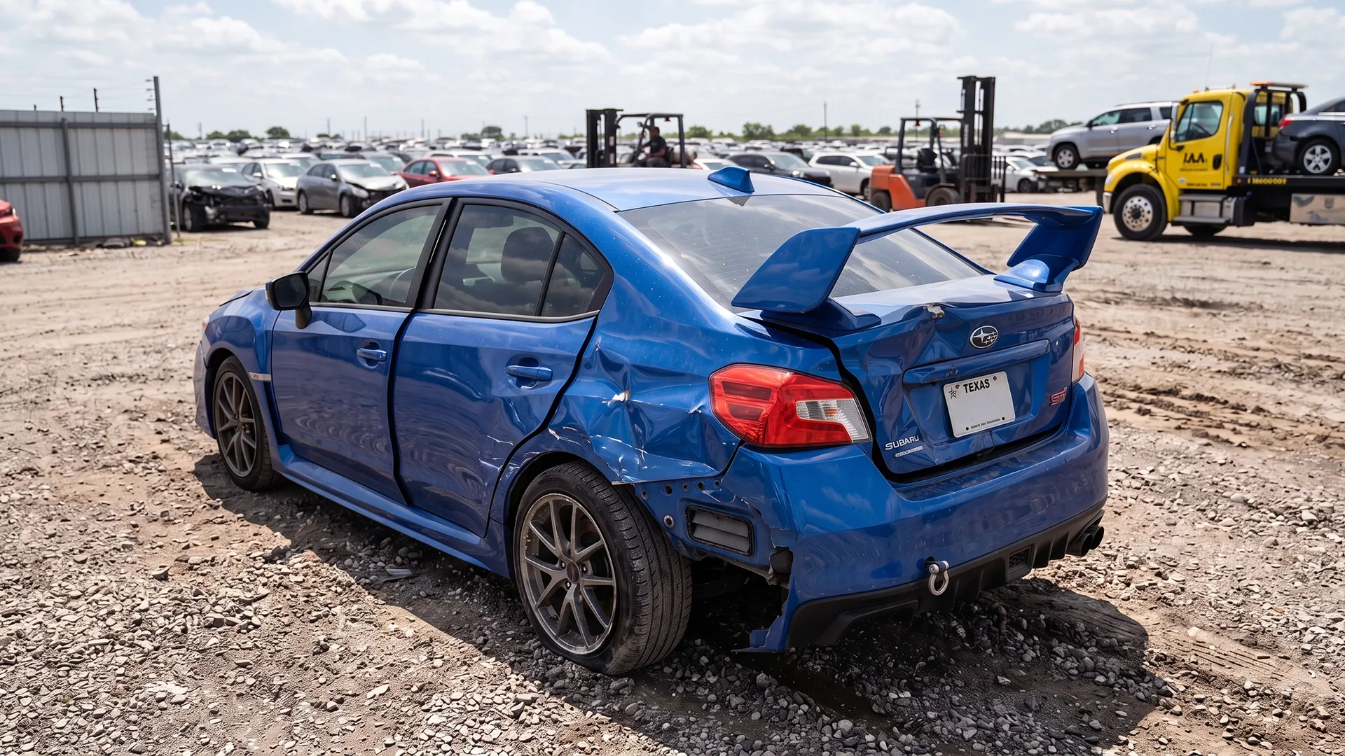 Damaged salvage car parked at an auto auction yard before transport