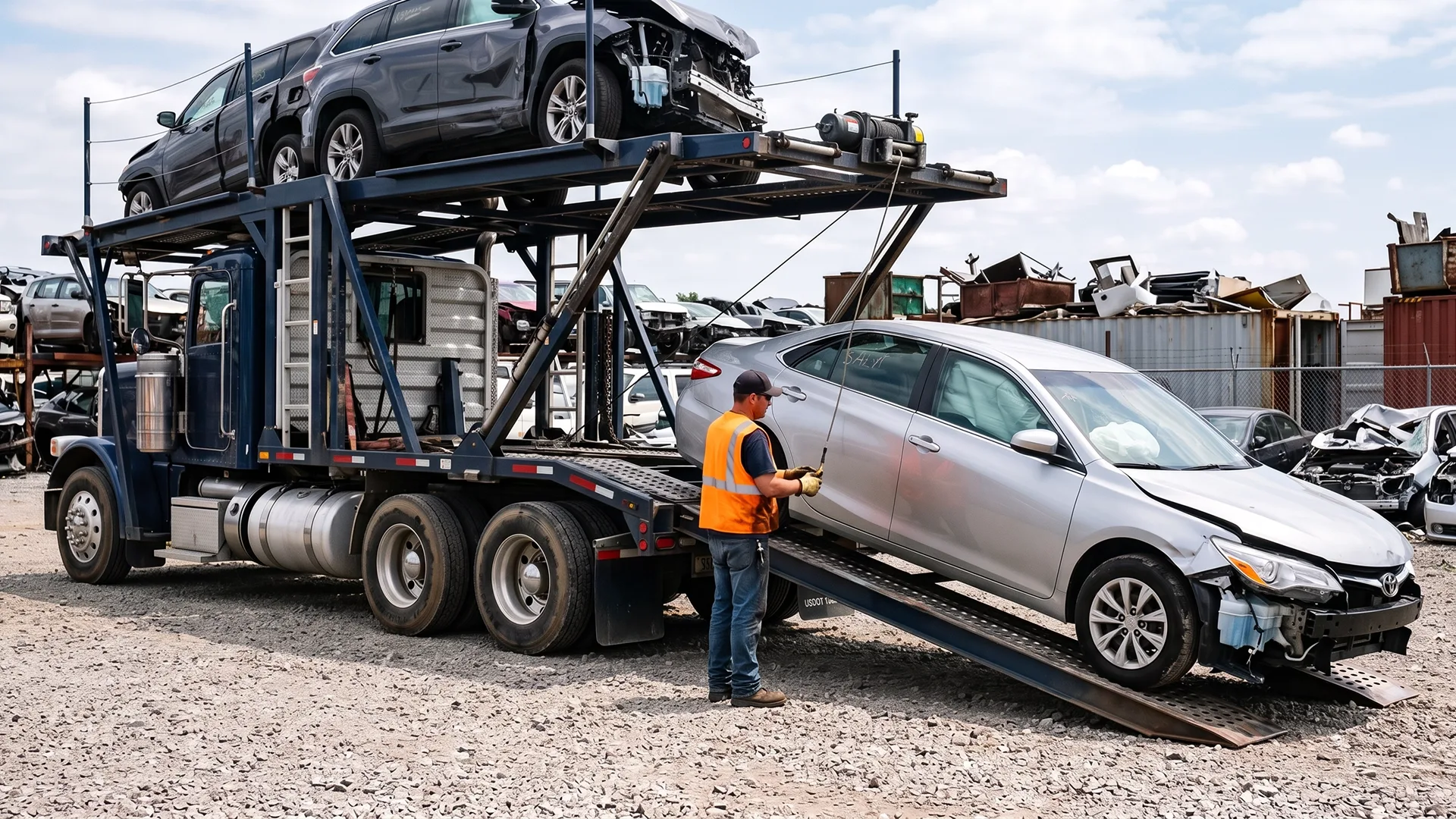 Damaged salvage vehicle being winched onto a car carrier at an auction yard
