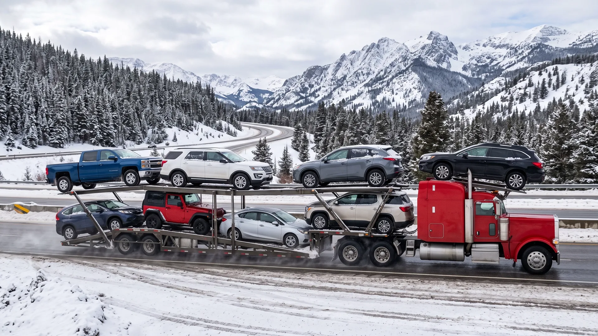 Car carrier transporting vehicles on a snowy mountain road during winter