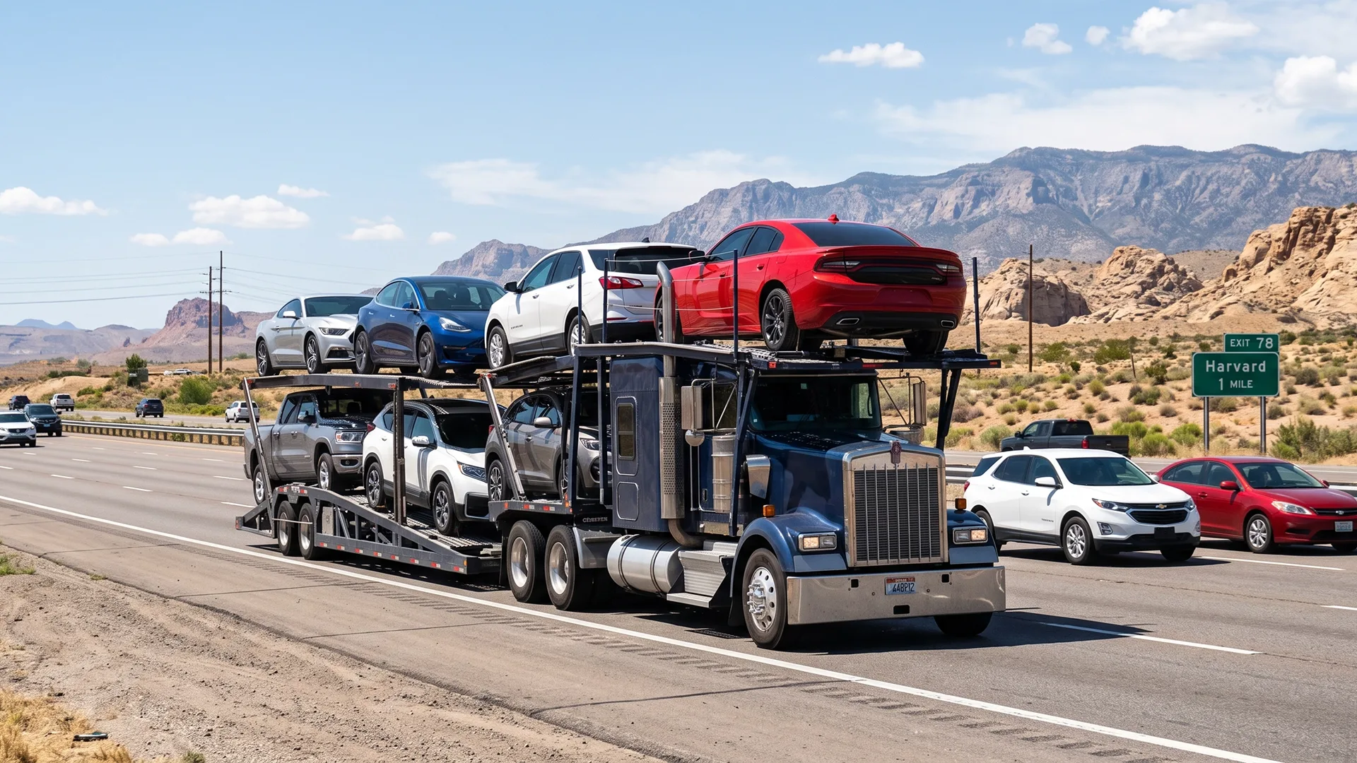 Open car carrier transporting vehicles on a sunny highway during the warmer shipping season