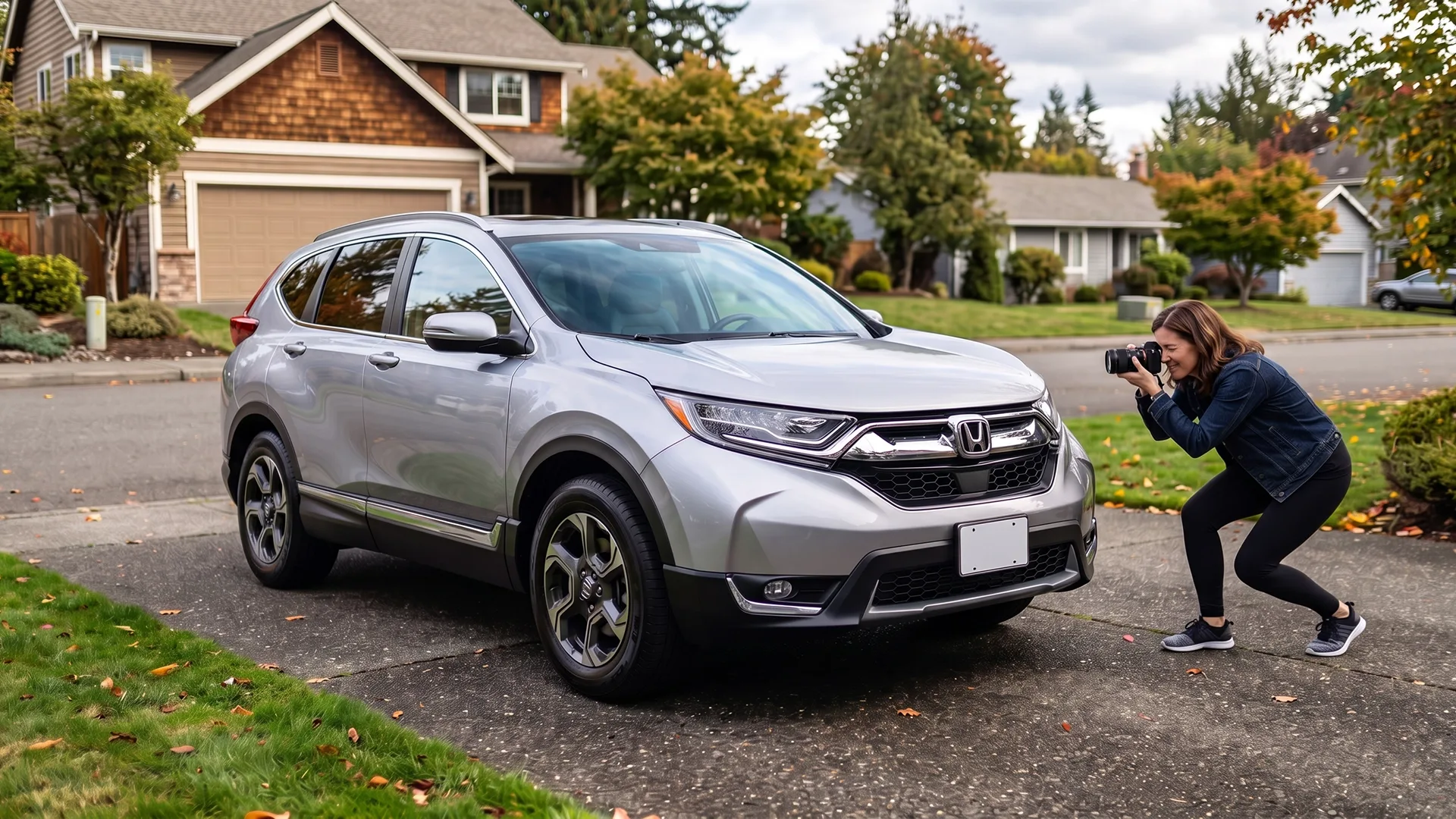 Woman photographing a silver SUV for a private online car sale