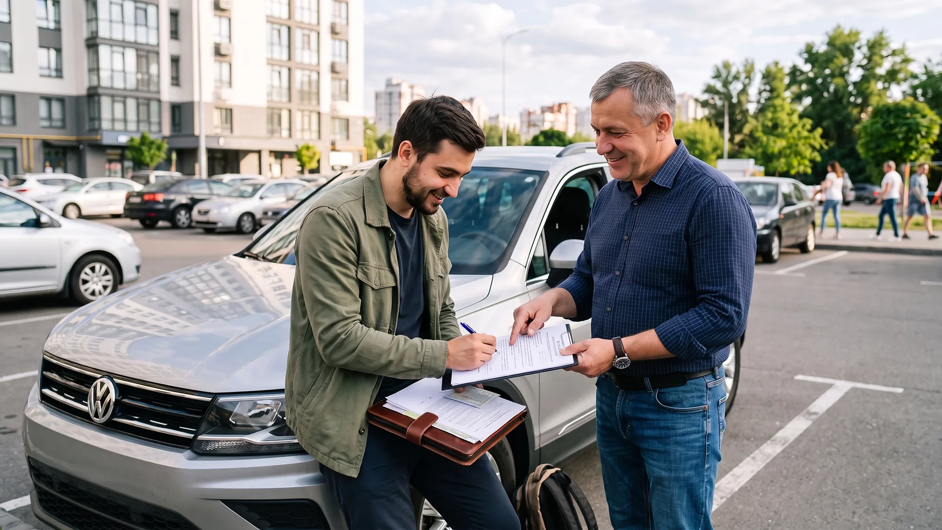 Private car buyer and seller signing vehicle sale documents next to a car