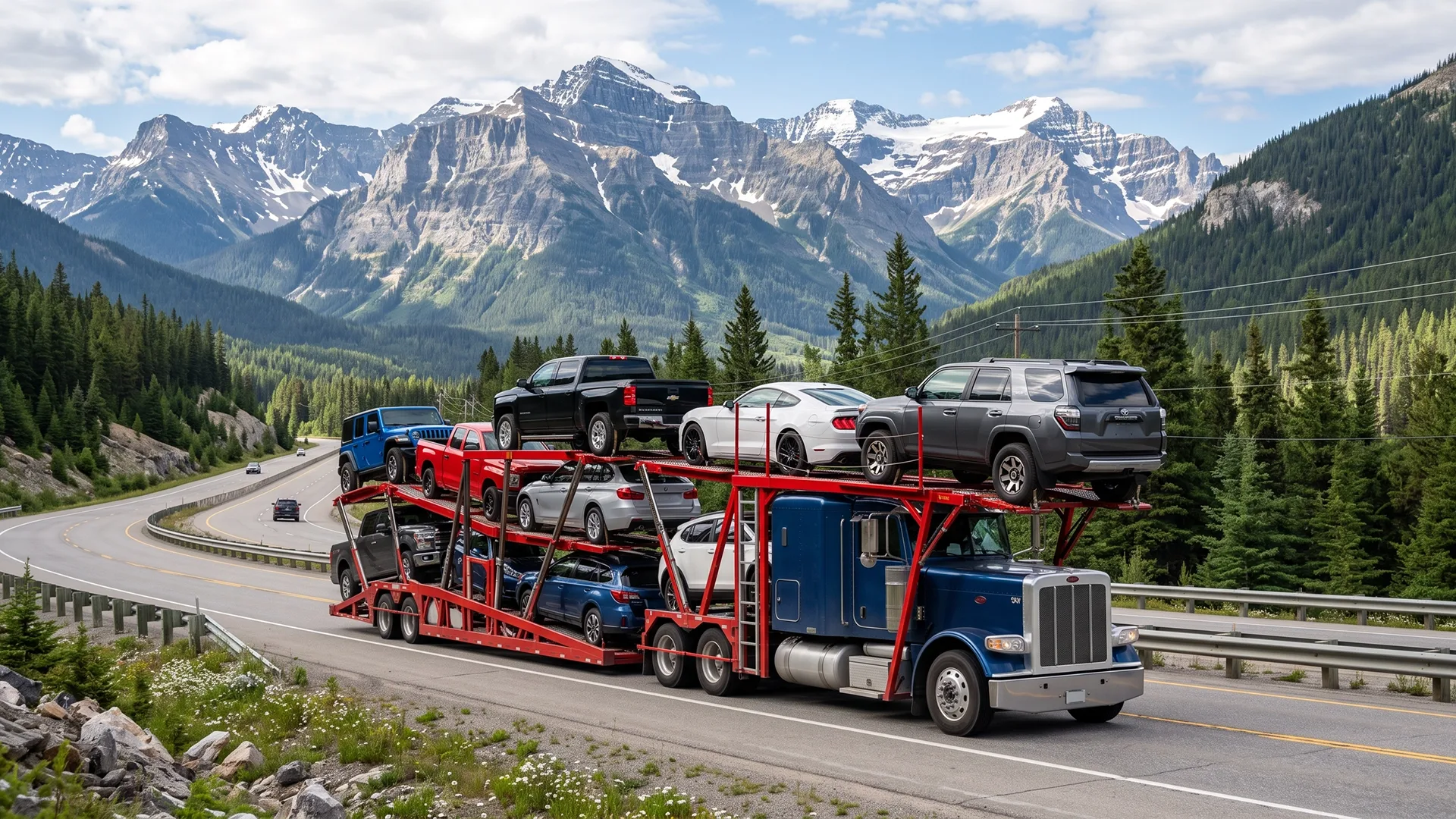 photo of open car carrier transporting multiple vehicles through a mountain route