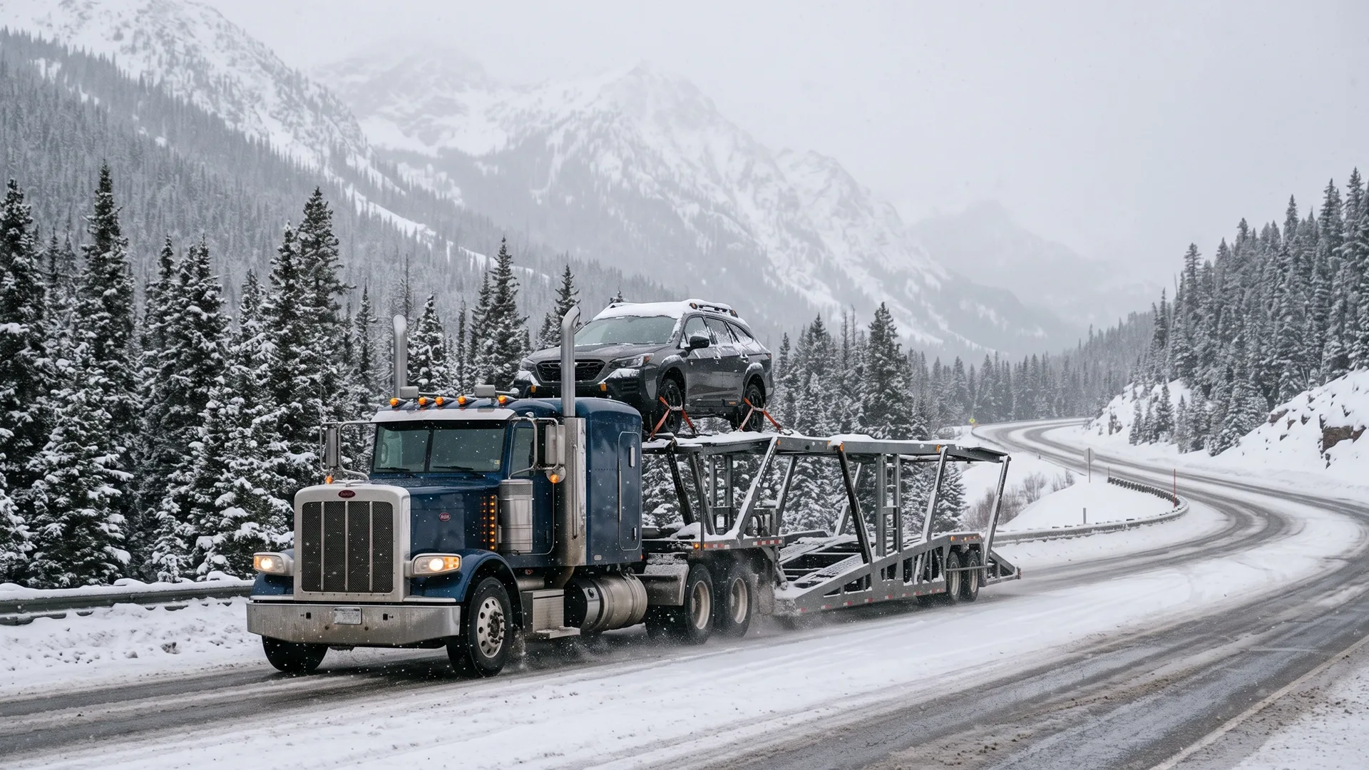 photo of car carrier transporting a vehicle on a snowy mountain road