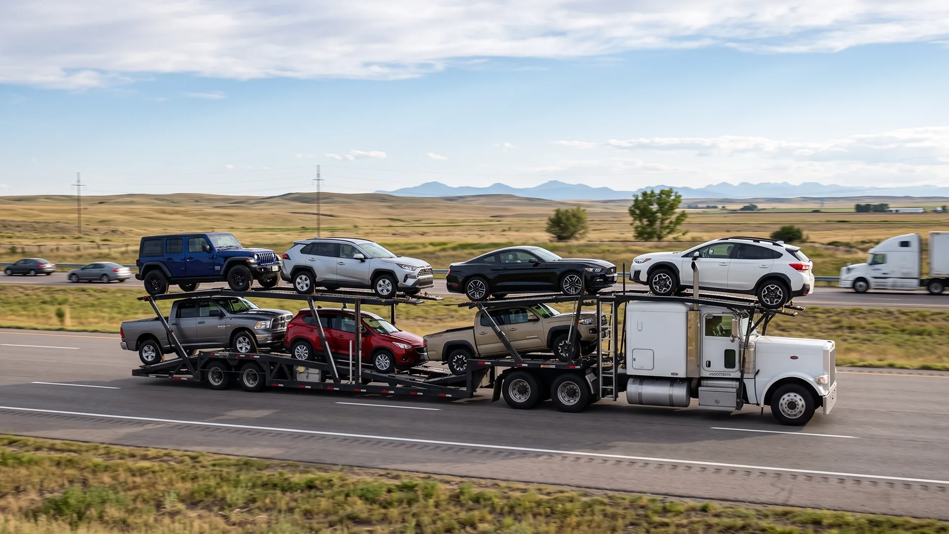 photo of open car carrier transporting multiple vehicles on a highway