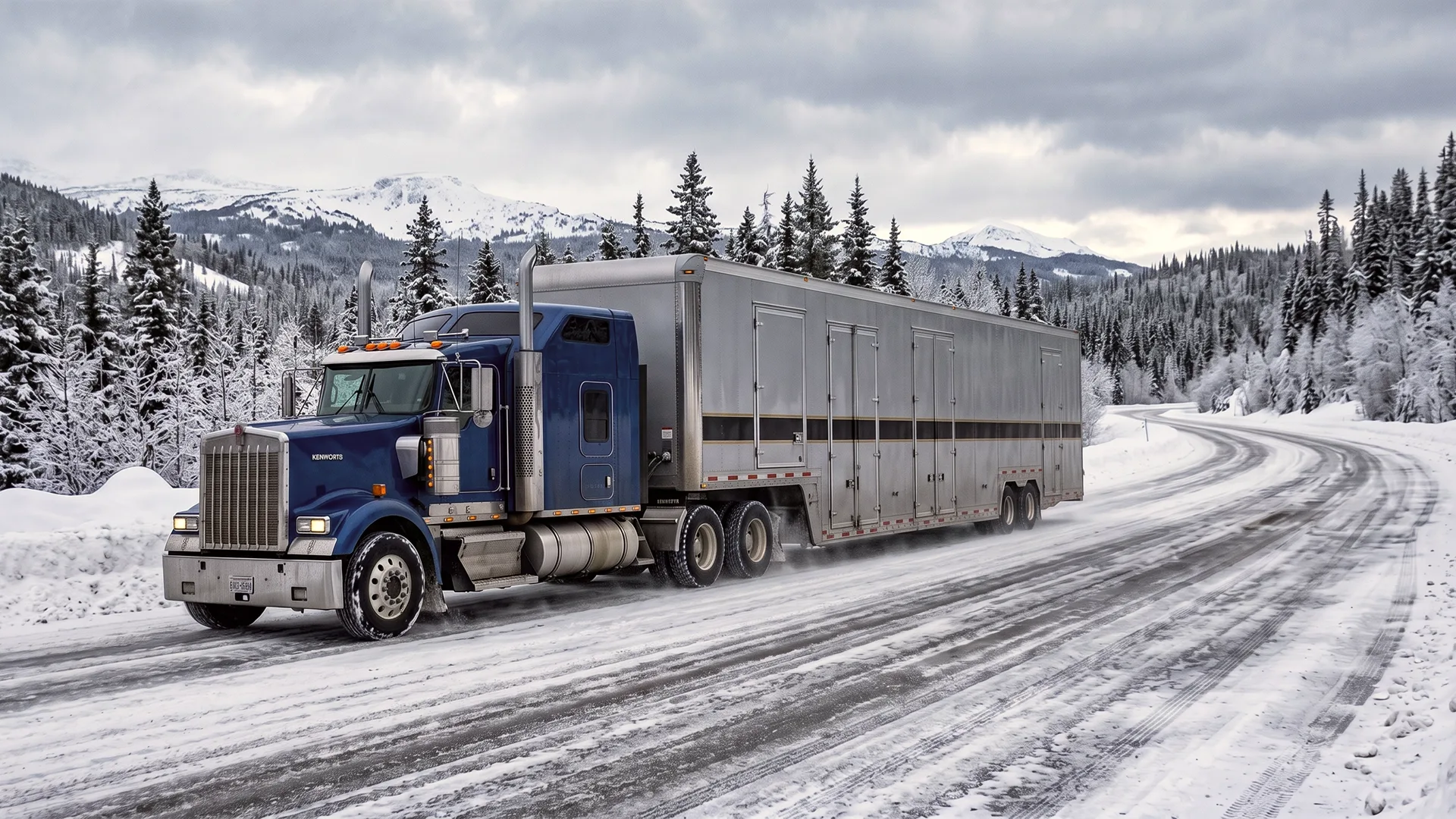 photo of enclosed car carrier driving on a snowy mountain road