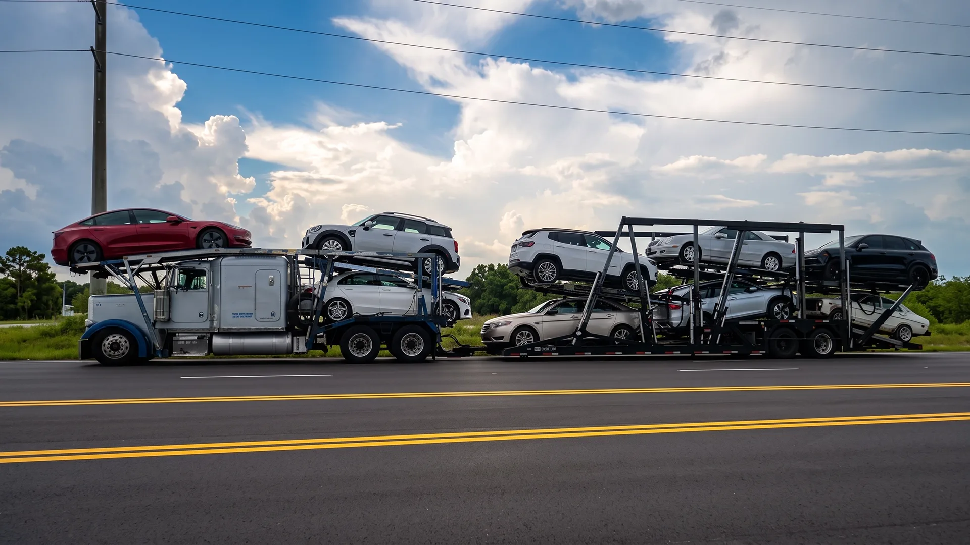 Car carrier transporting vehicles cross-country on a highway photo