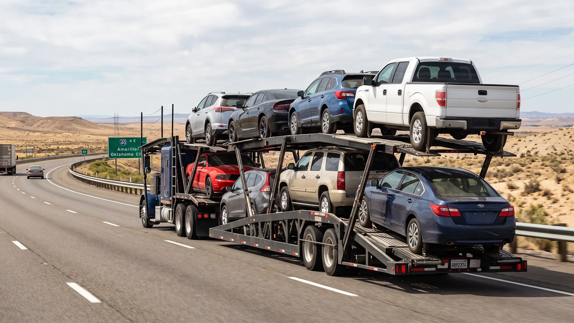 photo of open car carrier transporting multiple vehicles on a highway from California to Oklahoma