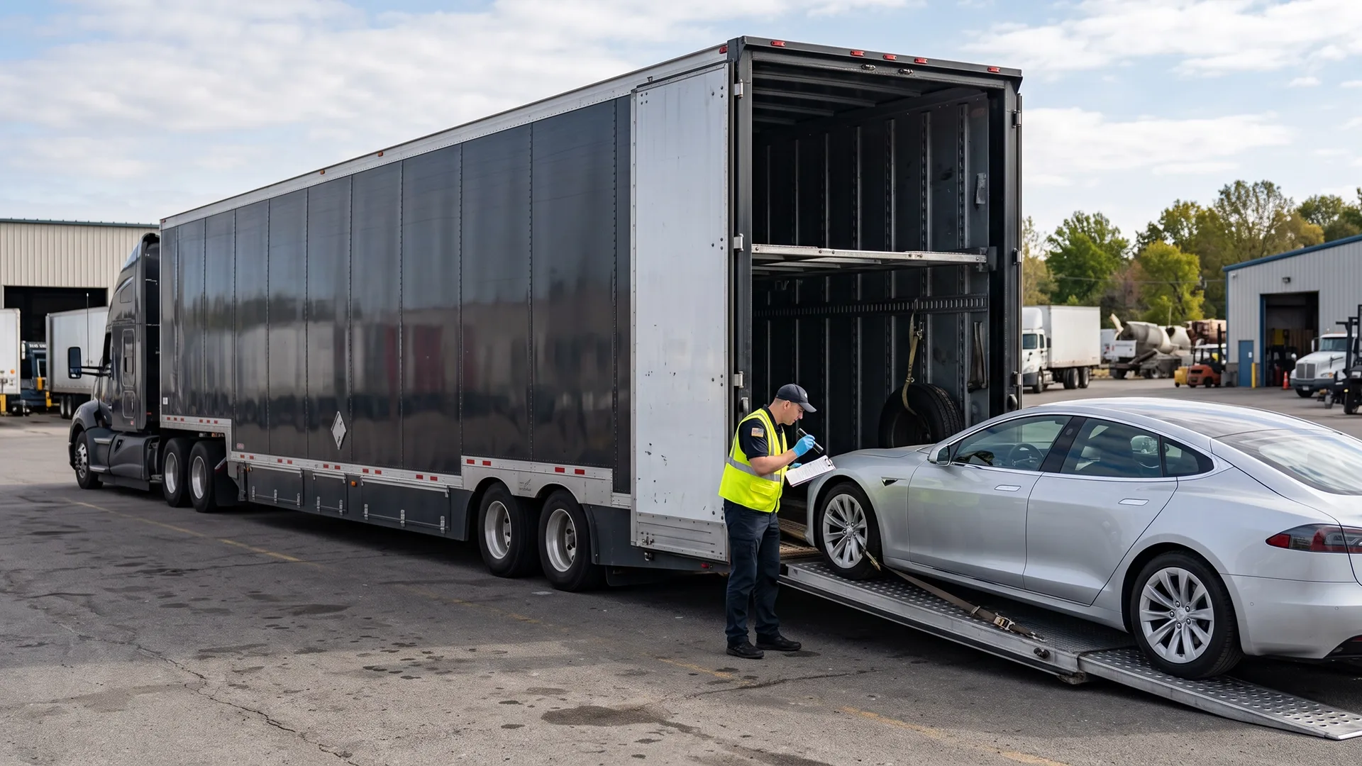 photo of Tesla being inspected before loading into an enclosed car carrier
