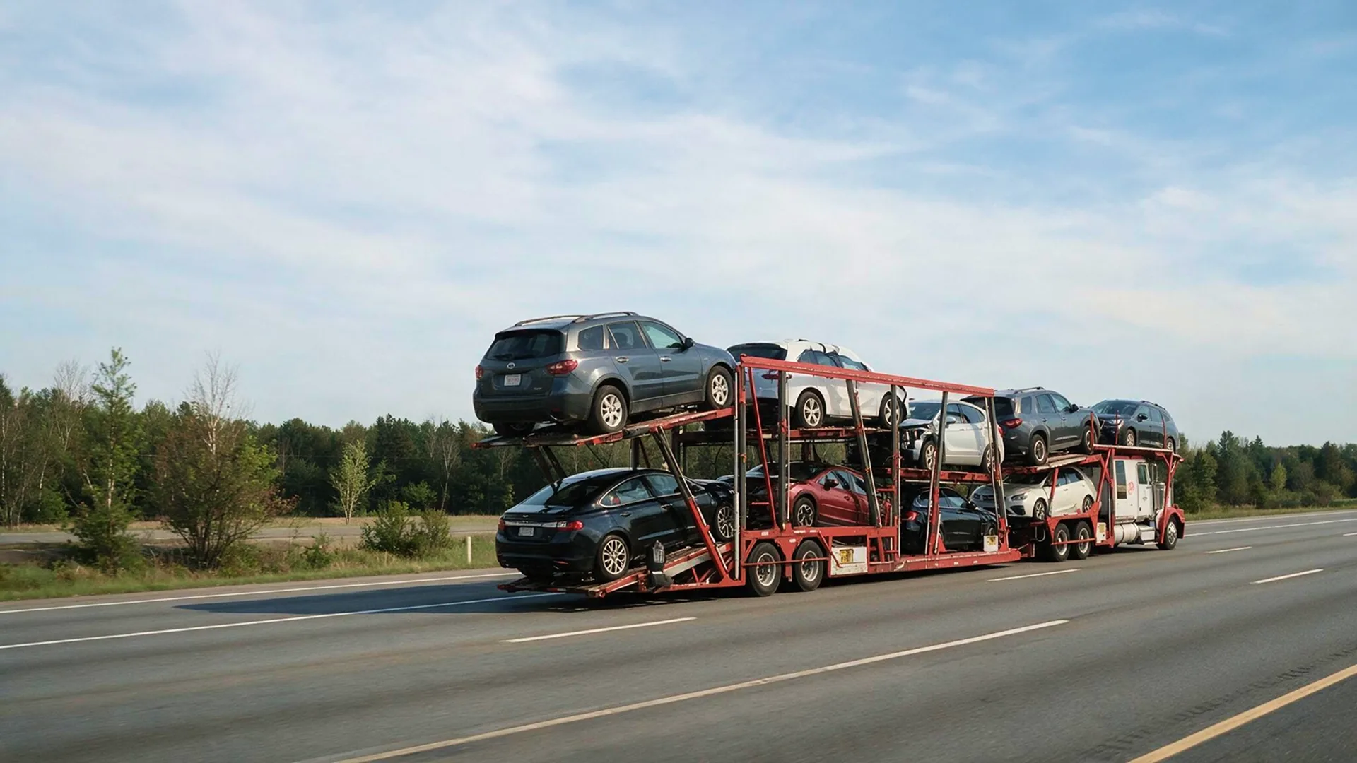 photo of an open car carrier transporting vehicles on a highway