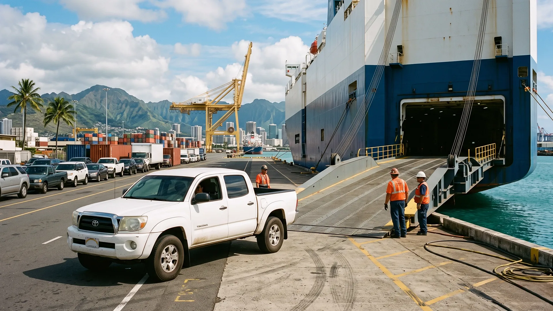photo of vehicle at a Hawaii port before ocean transport