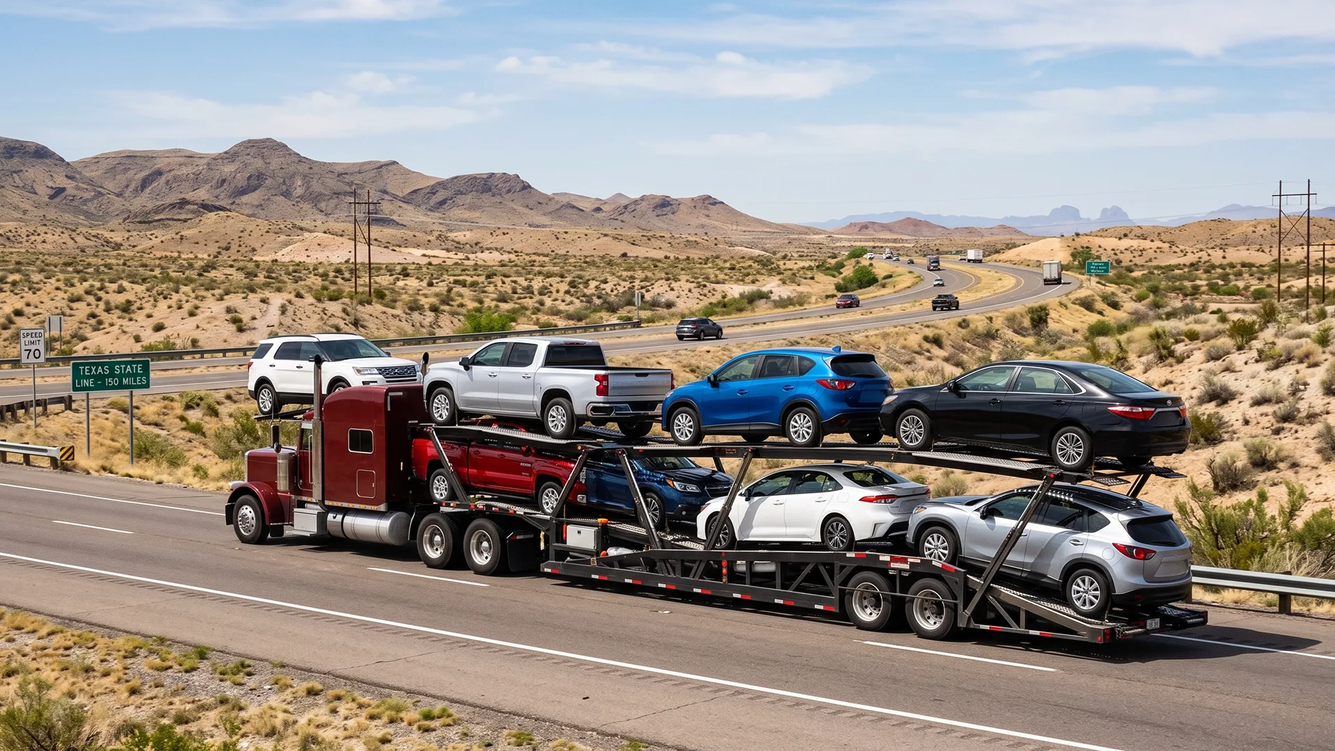 photo of open car carrier transporting vehicles on a highway toward Texas