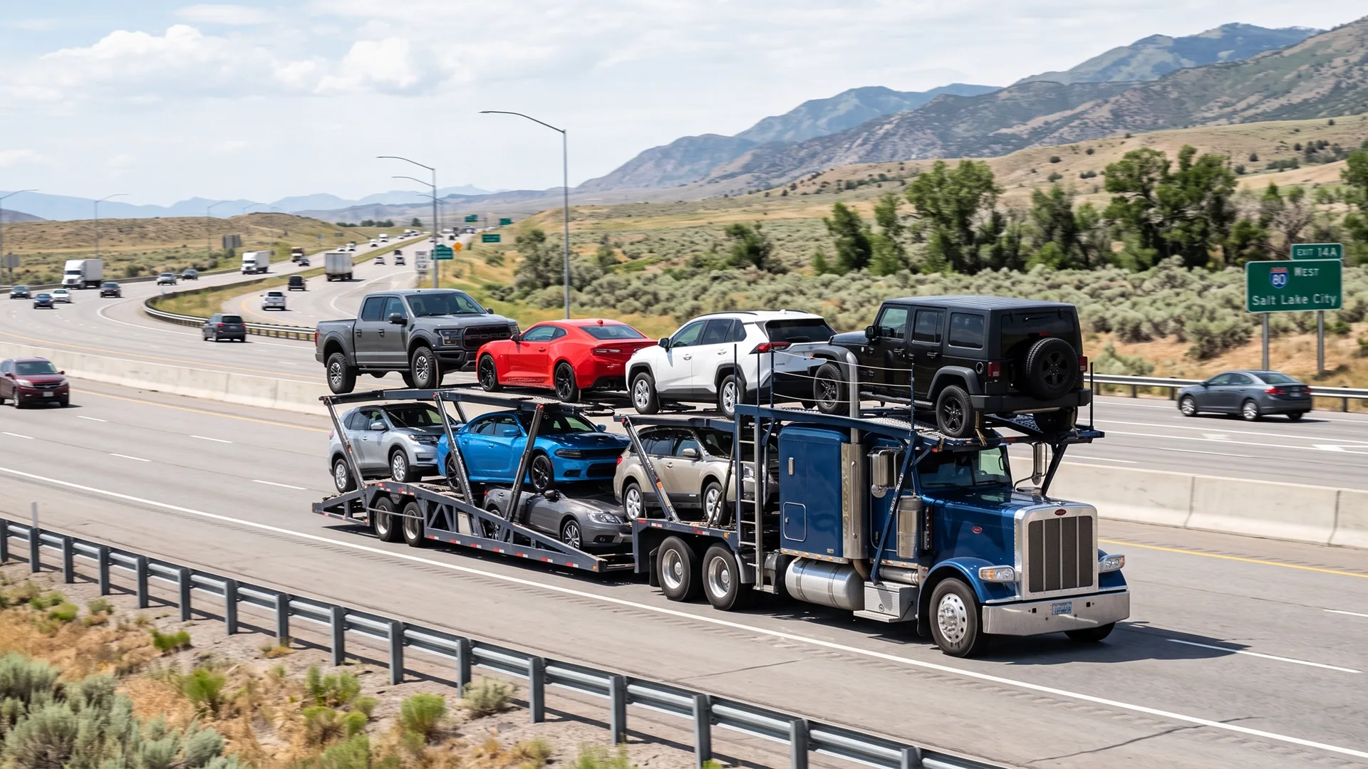 photo of open car carrier transporting multiple vehicles on an interstate highway