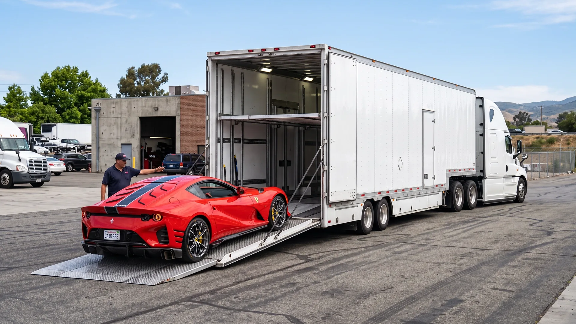 Red Ferrari being loaded into an enclosed car transport trailer