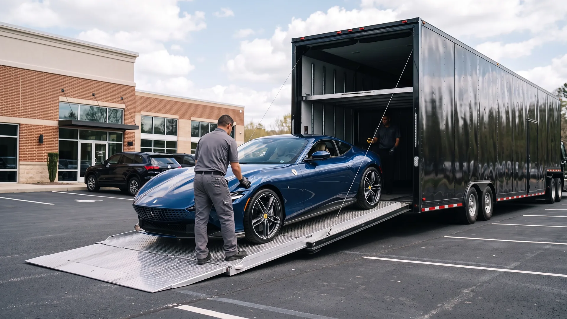Blue Ferrari being carefully loaded onto an enclosed car carrier using a low-angle ramp